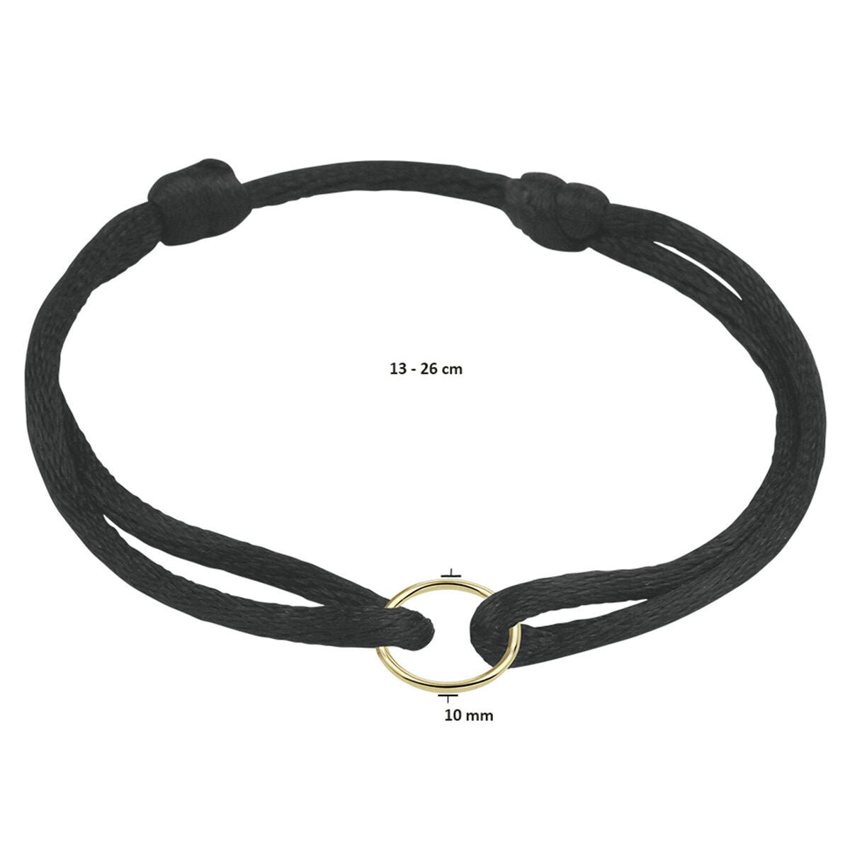 Armband satijn zwart rondje 13 - 26 cm 14K goud met rubber/nylon/leer
