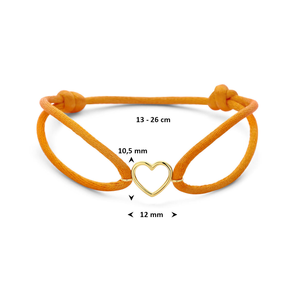 Armband oranje satijn hartje 13 - 26 cm 14K goud met rubber/nylon/leer