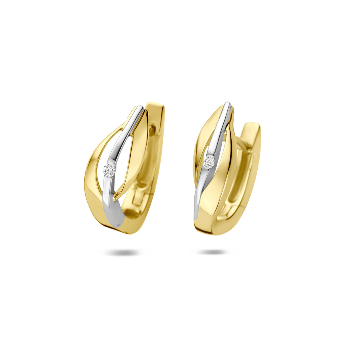 Klapoorringen lab grown diamant 0.03ct (2x 0.015ct) f vs 14K bicolor goud 15 mm