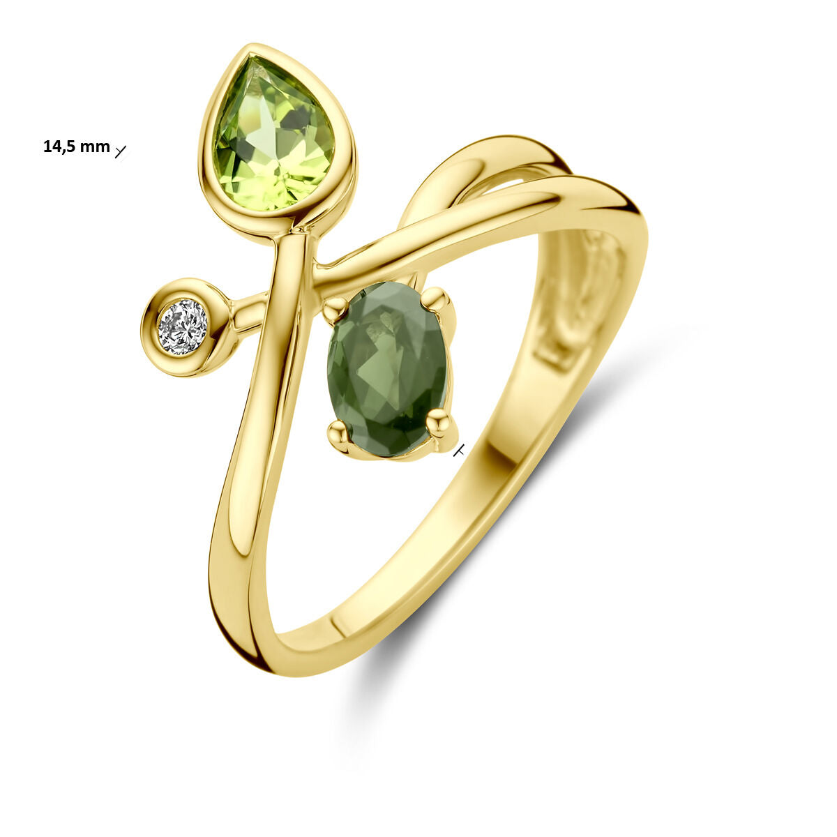 Ring groen toermalijn, peridot en diamant 0.03ct h si 14K geelgoud
