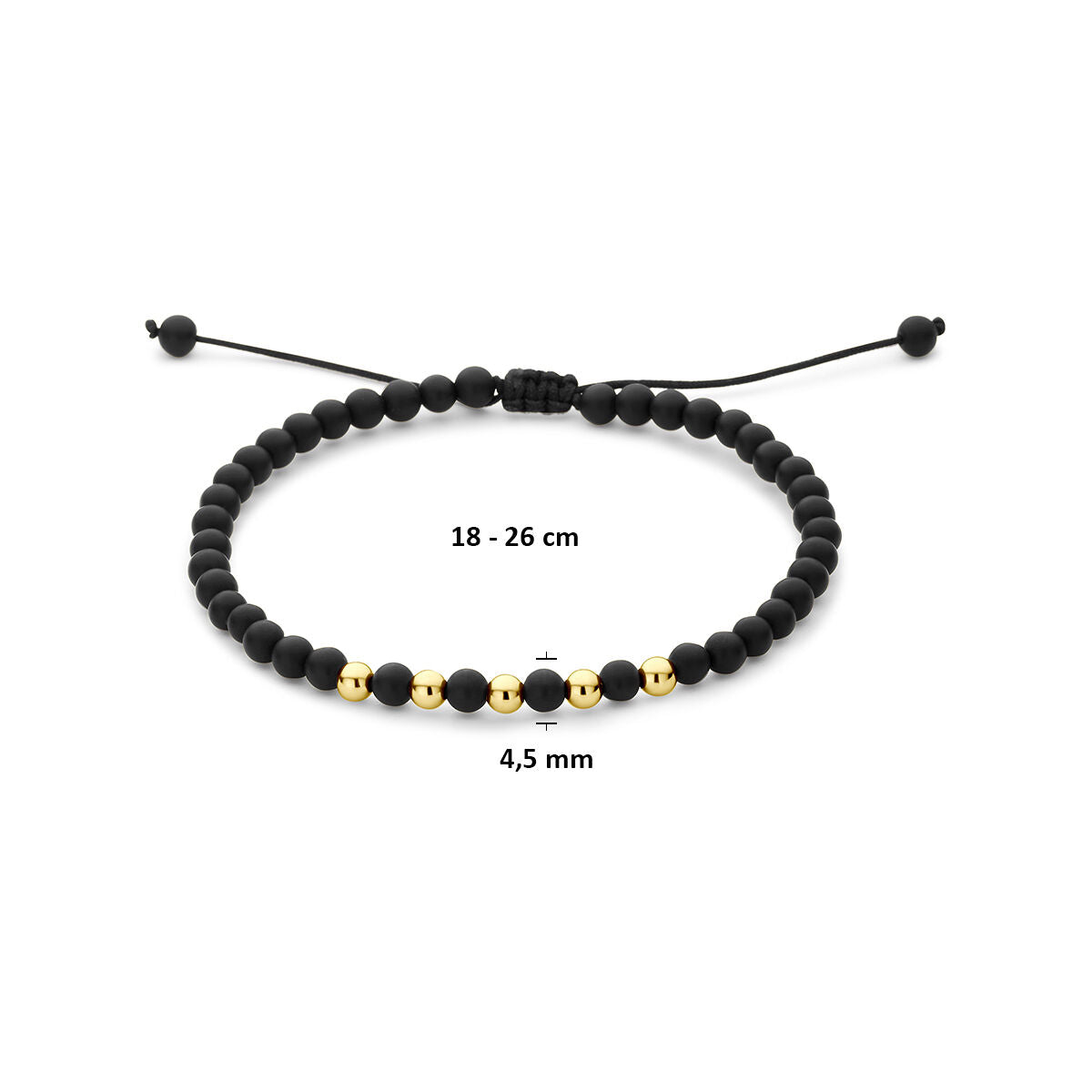 Armband onyx bolletjes polyester zwart 14K goud 18 - 26 cm