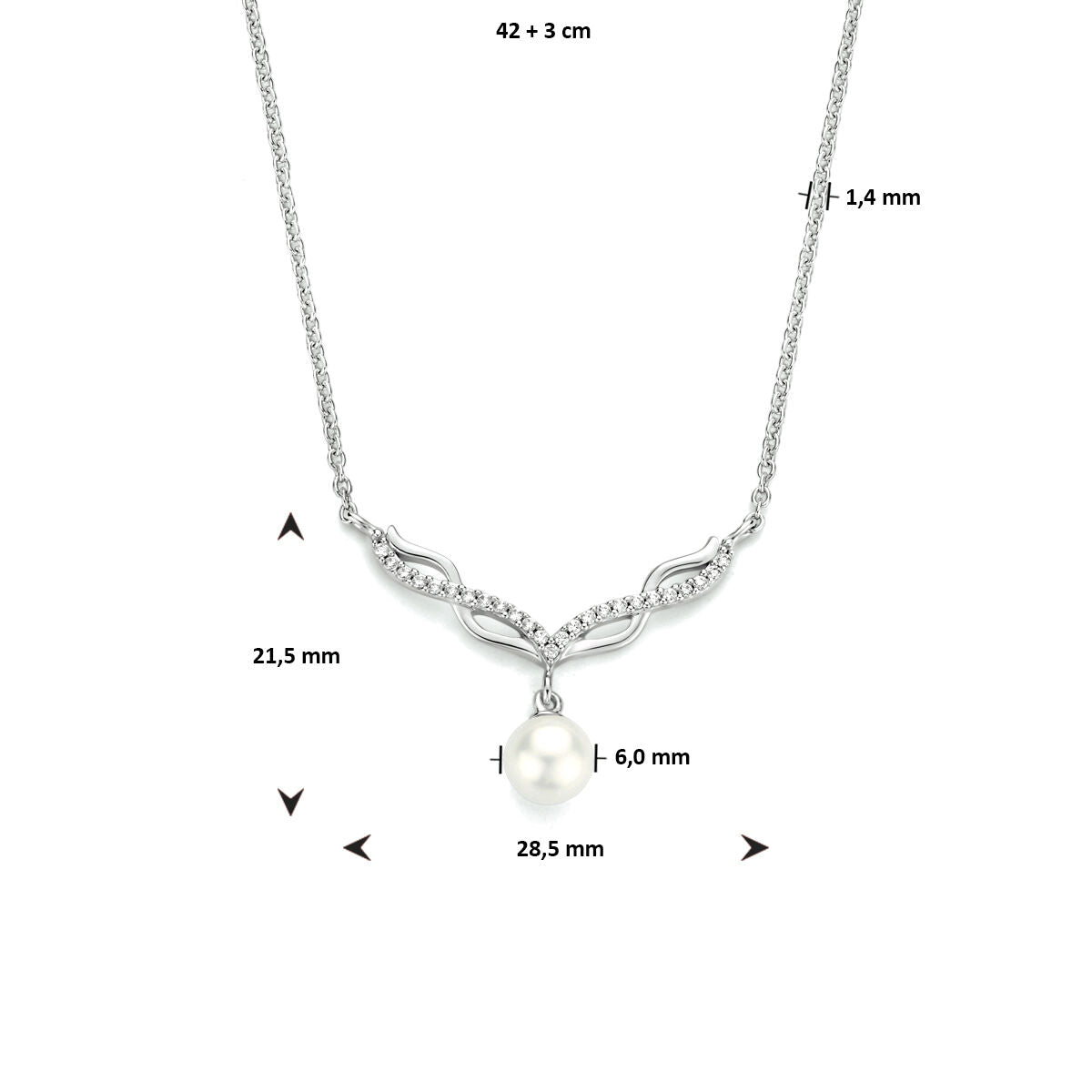 Fantasy Collection Collier parel en zirkonia 42 + 3 cm zilver gerhodineerd