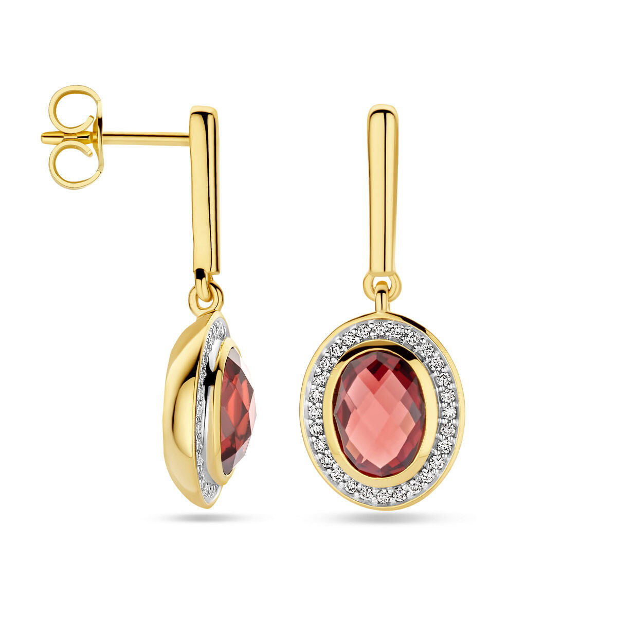 Fantasy Collection Hangende oorbellen granaat en diamant 0.18ct (2x 0.09ct) h si 26 mm 14K geelgoud