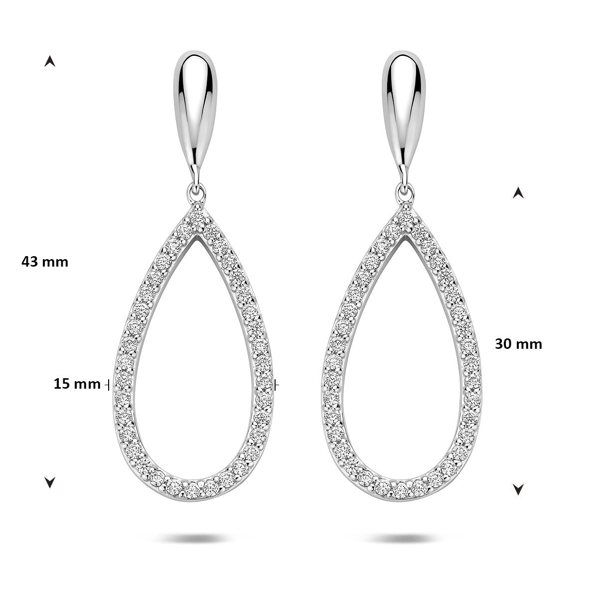 Zilveren gerhodineerde oorhangers druppel zirkonia 43 mm - 1341918