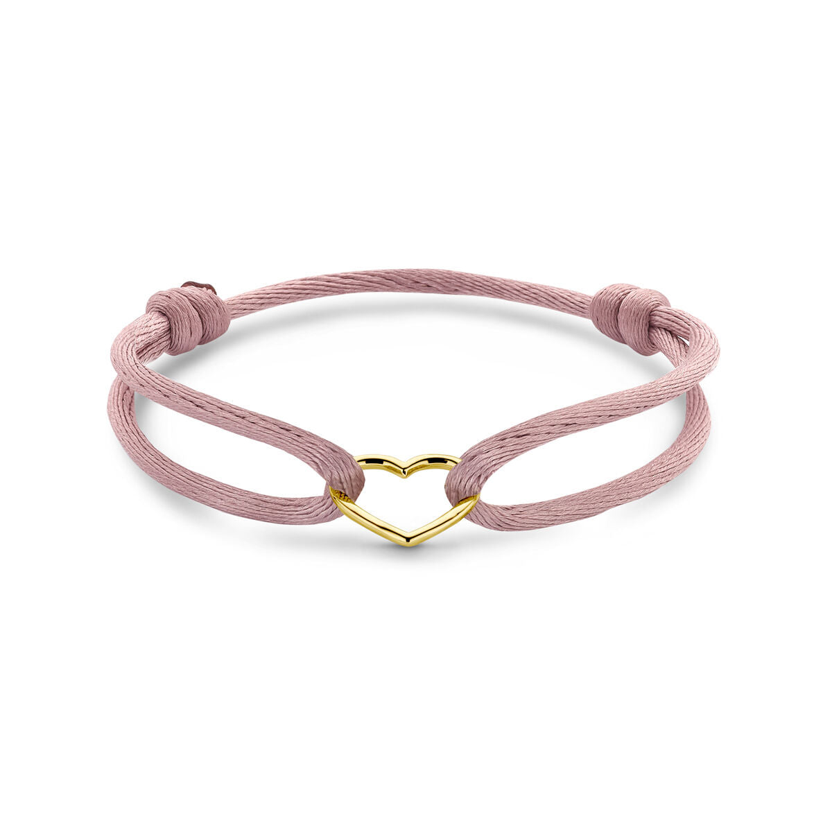 Fantasy Collection Armband satijn zacht roze hart 13 - 26 cm 14K goud met rubber/nylon/leer
