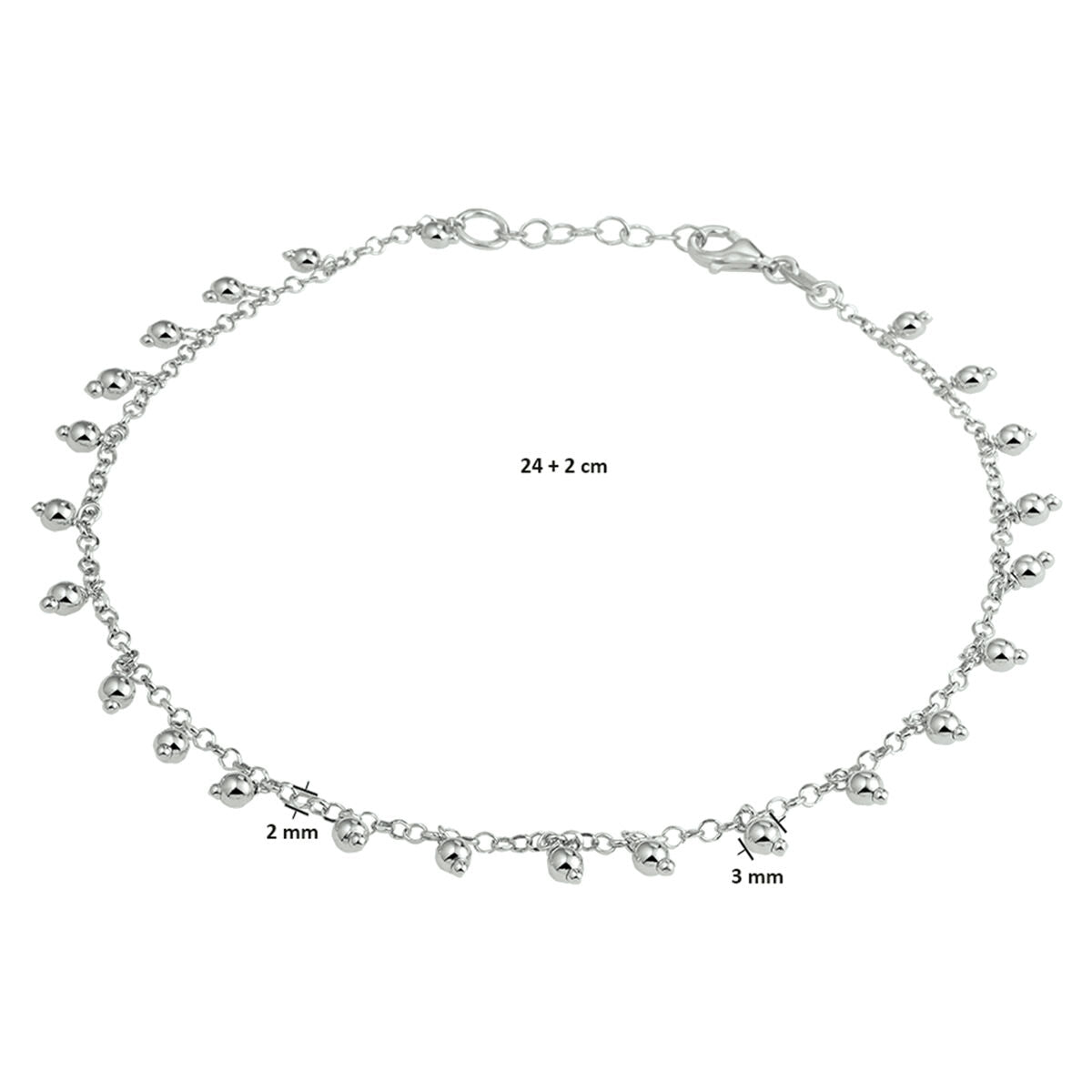 Enkelbandje bolletjes 2,0 mm 24 + 2 cm zilver gerhodineerd