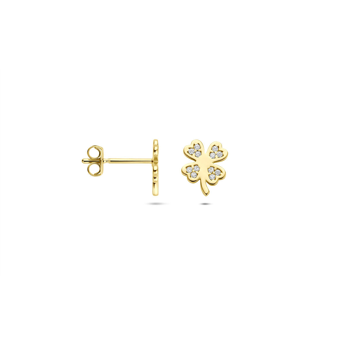 14K geelgouden oorknoppen klavertje zirkonia 7,5 mm - 4034754