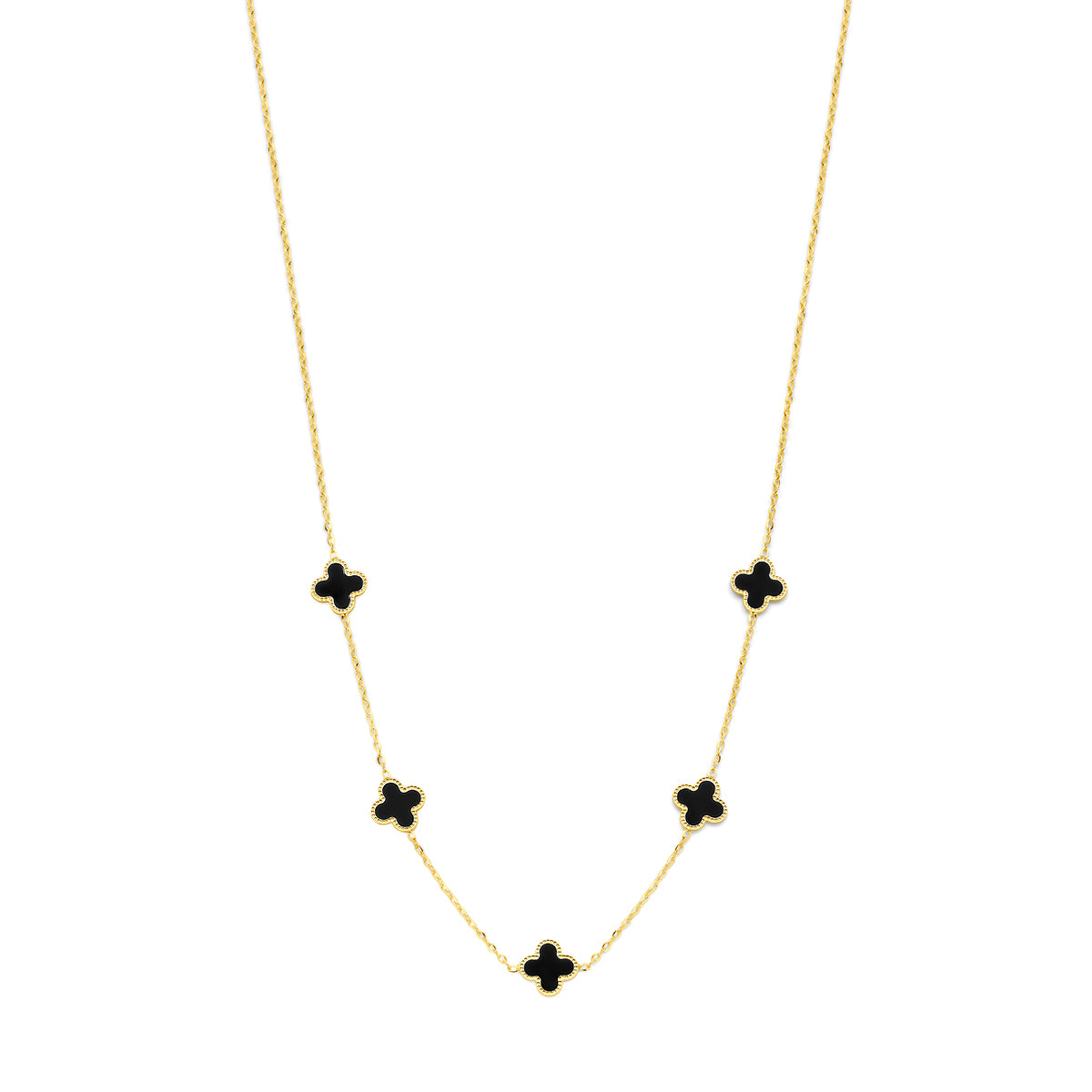 14K geelgoud collier klavertje onyx 42 - 44 - 46 cm 4029692 - PansiteNederland.nl