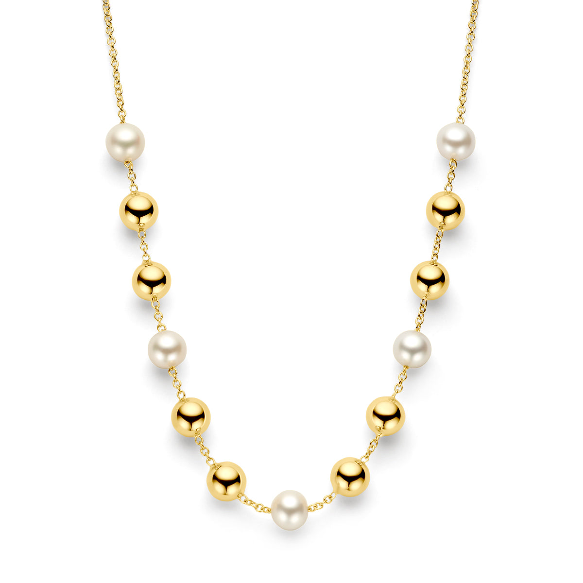 14K geelgoud collier bolletjes en parels 45 cm 4031348 - PansiteNederland.nl