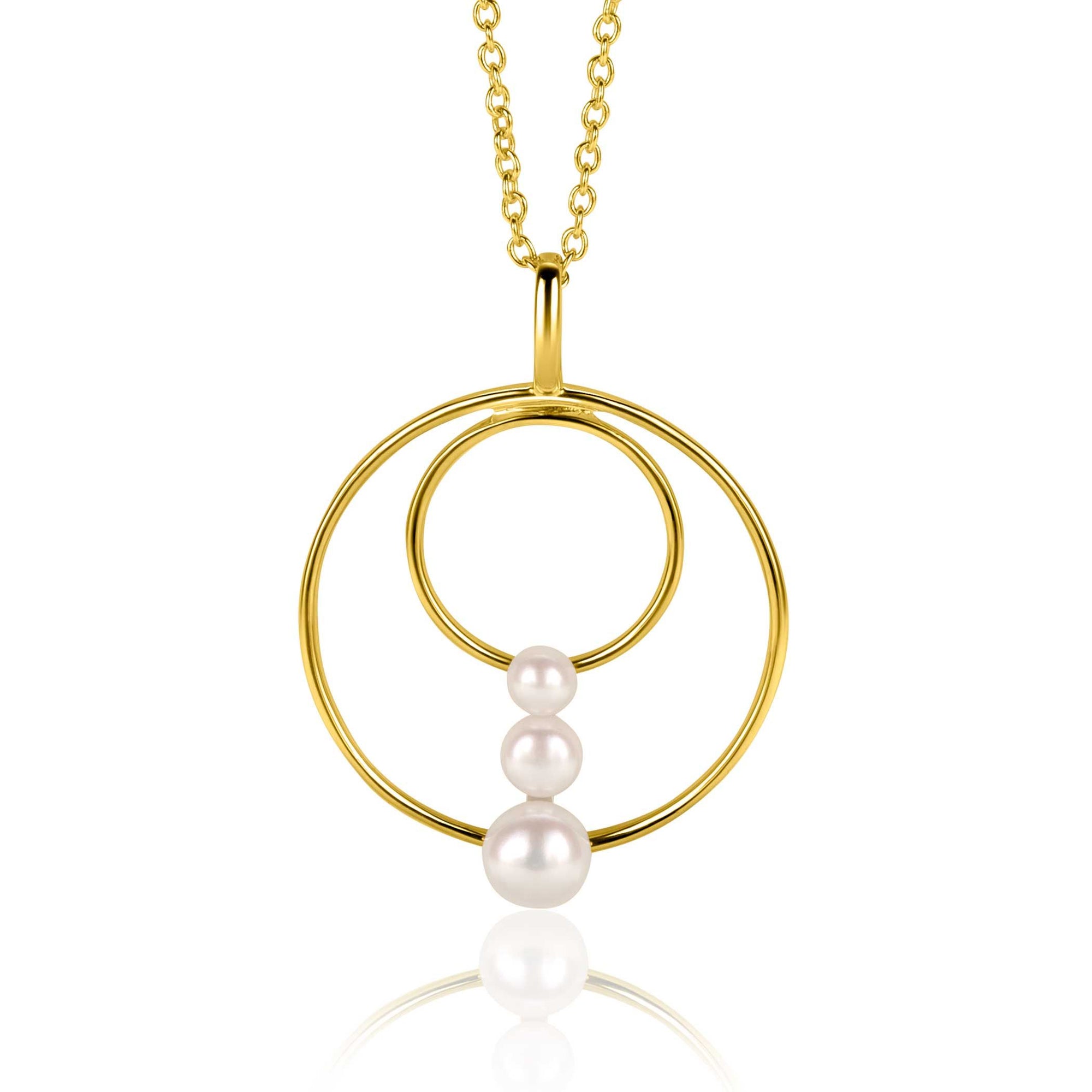 Zinzi gold plated zilveren ronde fantasie hanger bezet met drie ronde witte zoetwaterparels ZIH2616 (zonder collier) - PansiteNederland.nl