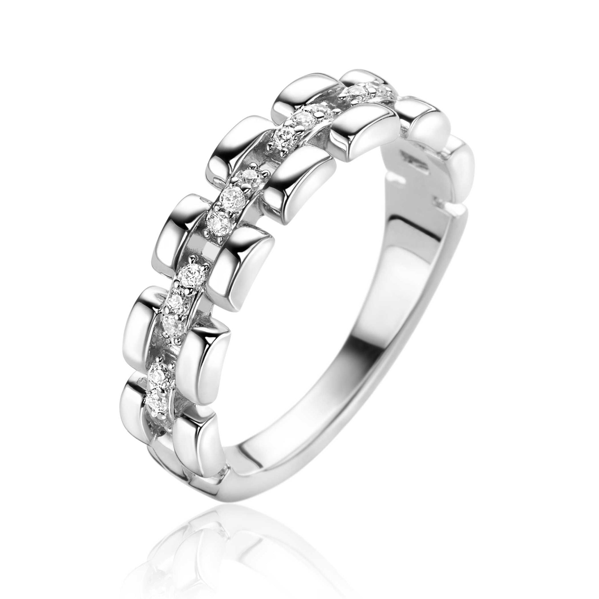 ZINZI zilveren ring met rolex-style schakels en de middenbaan bezet met witte zirkonia's 5mm breed ZIR2504 - PansiteNederland.nl