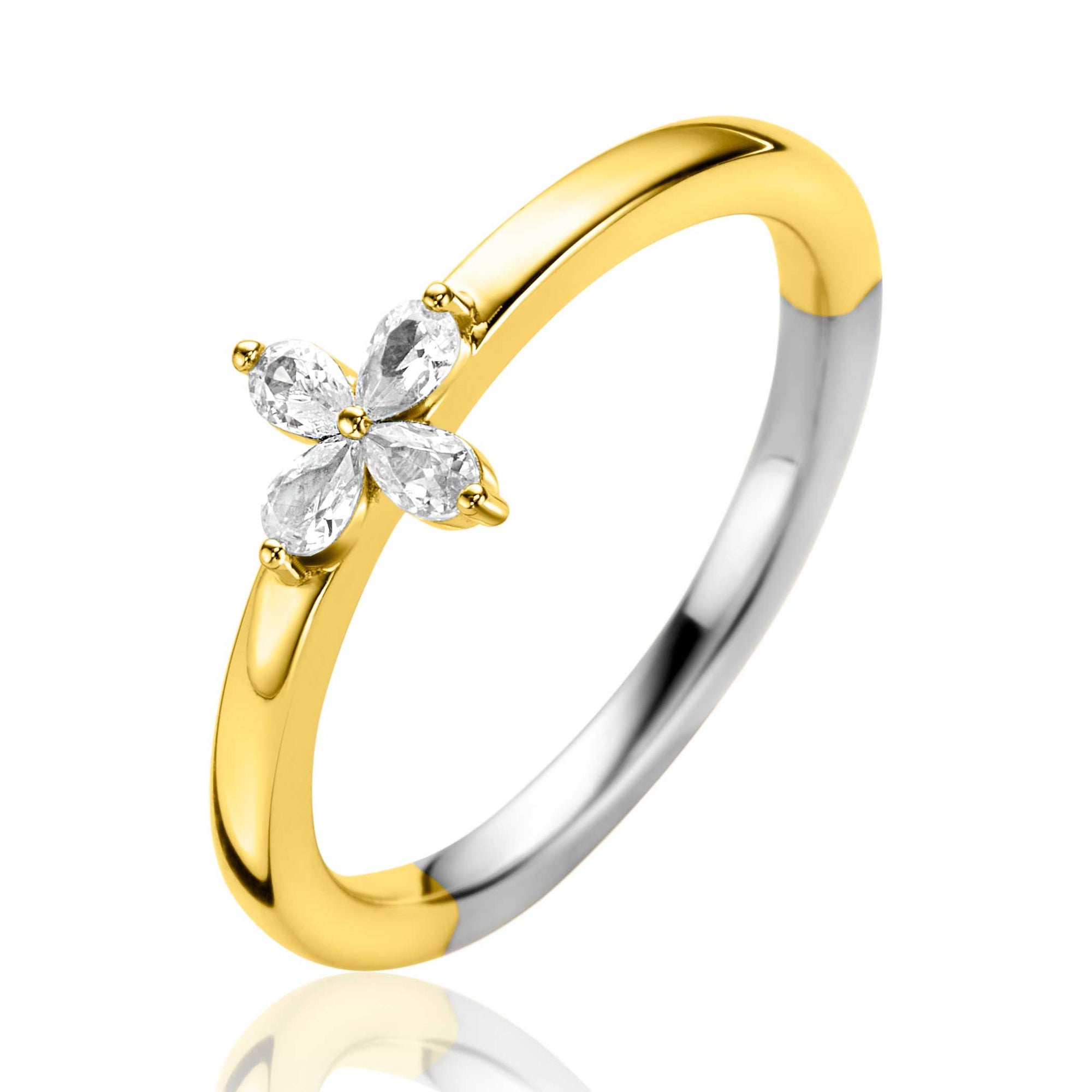 ZINZI gold plated zilveren ring met bloem (7,5mm), bezet met vier druppelvormige witte zirkonia's ZIR2624 - PansiteNederland.nl