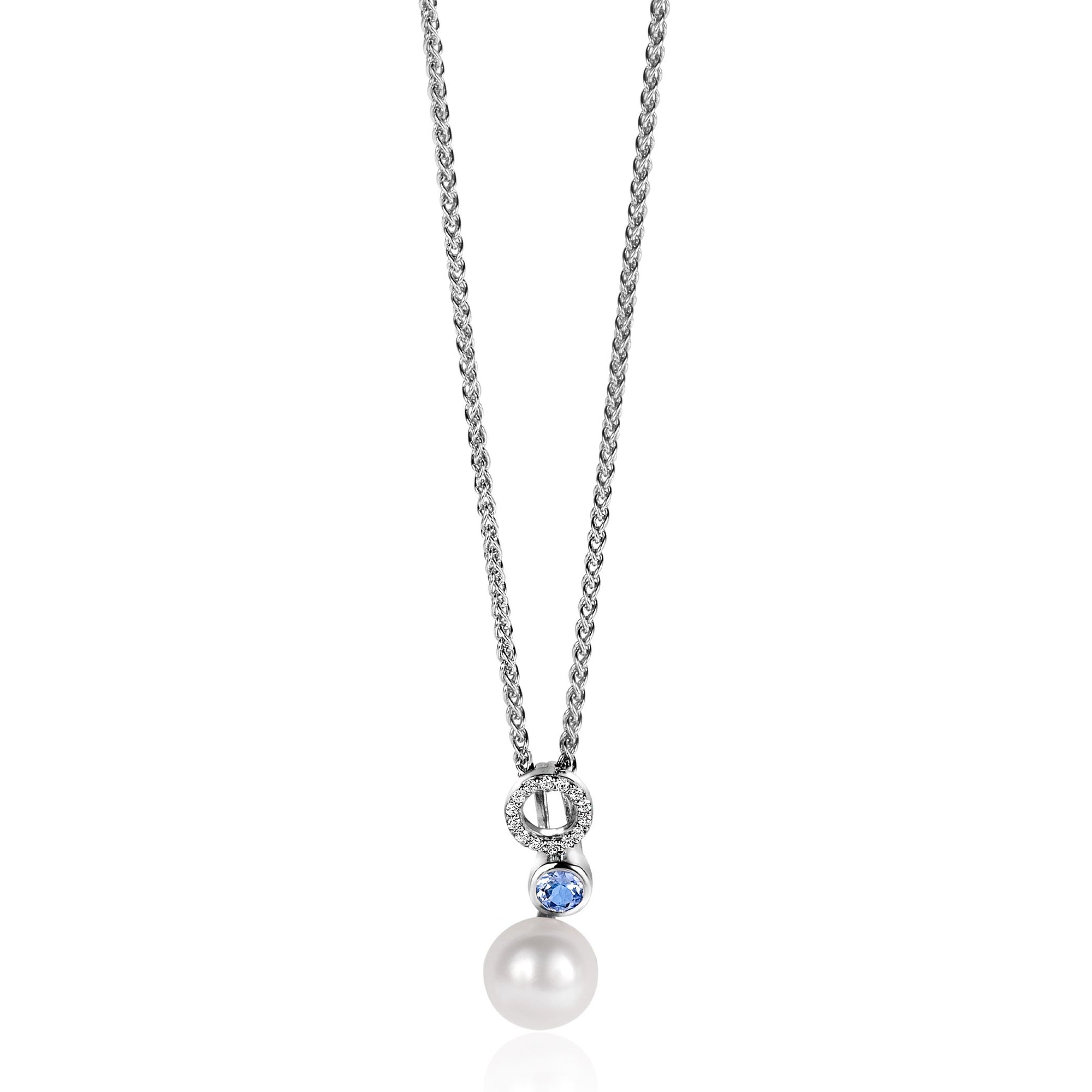Zinzi zilveren hanger met witte parel, ronde lichtblauwe kleursteen en open rondje bezet met witte zirkonia's ZIH2442 (zonder collier) - PansiteNederland.nl