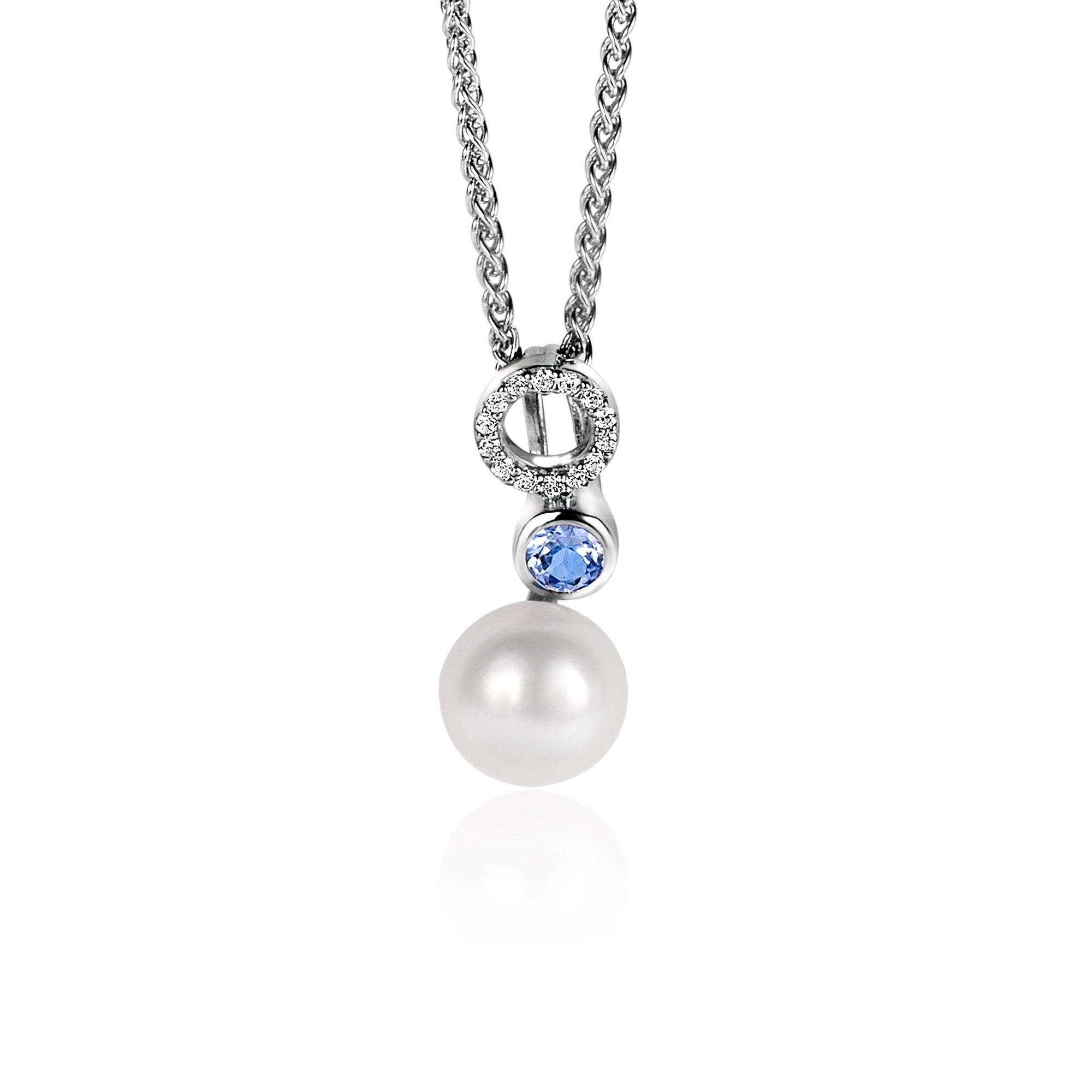 Zinzi zilveren hanger met witte parel, ronde lichtblauwe kleursteen en open rondje bezet met witte zirkonia's ZIH2442 (zonder collier) - PansiteNederland.nl