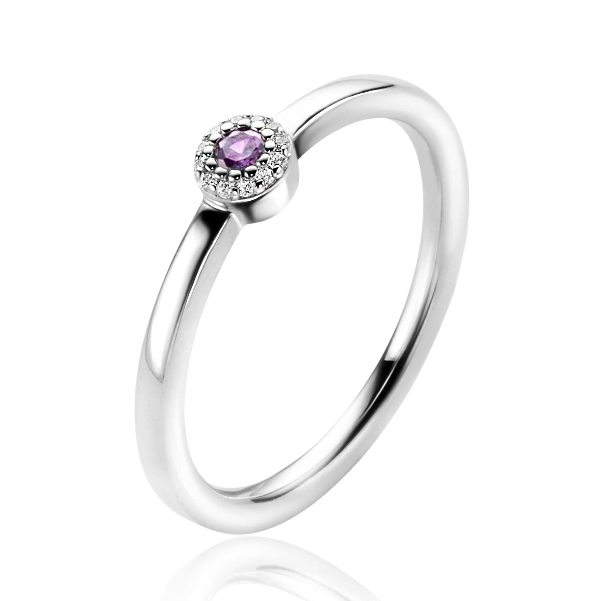ZINZI zilveren ring ronde zetting met paarse kleursteen en rondom witte zirkonia's 4,5mm breed ZIR2561 - PansiteNederland.nl