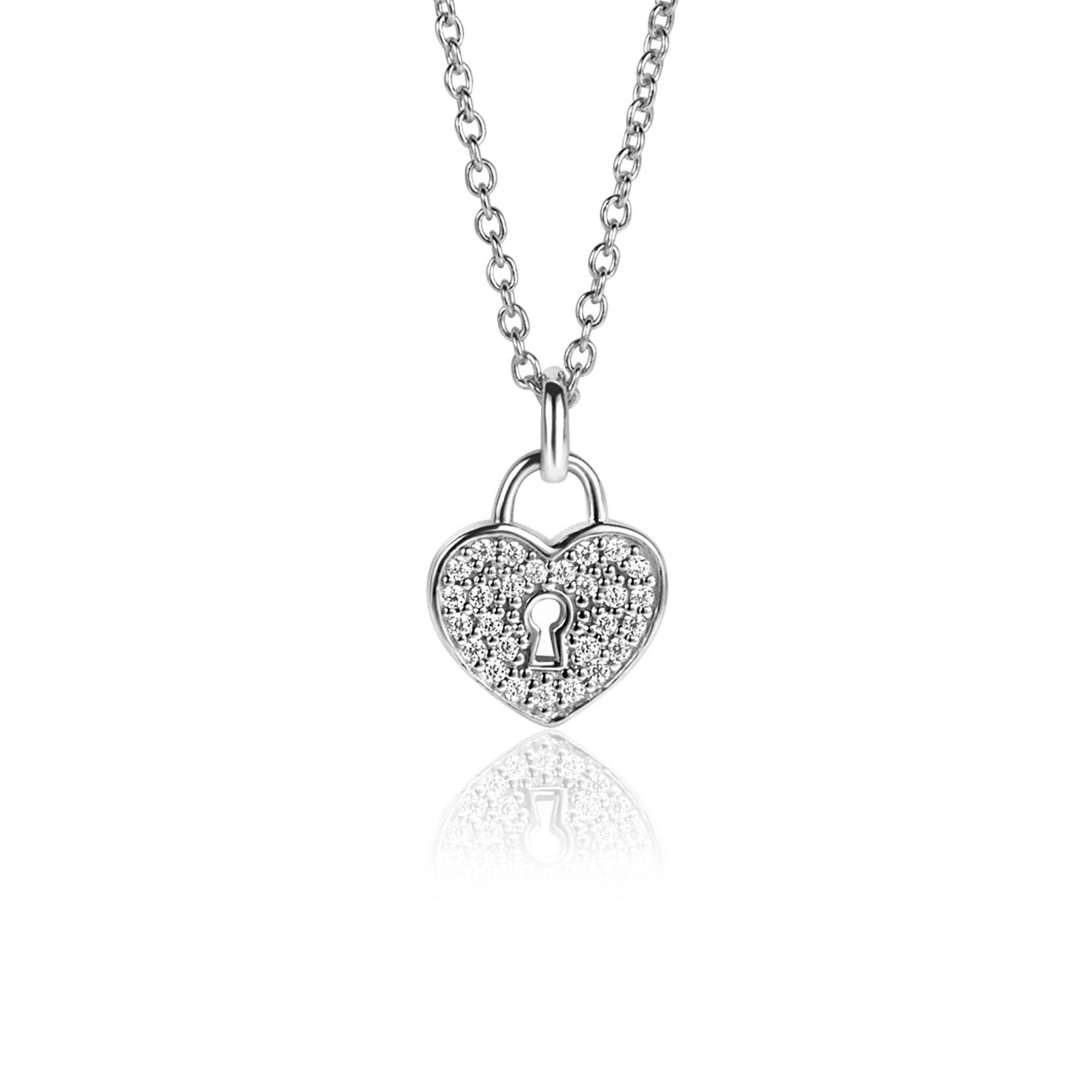 Zinzi zilveren hart hanger (15mm), met trendy sleutelgat en bezet met witte zirkonia's ZIH2400 (zonder collier) - PansiteNederland.nl
