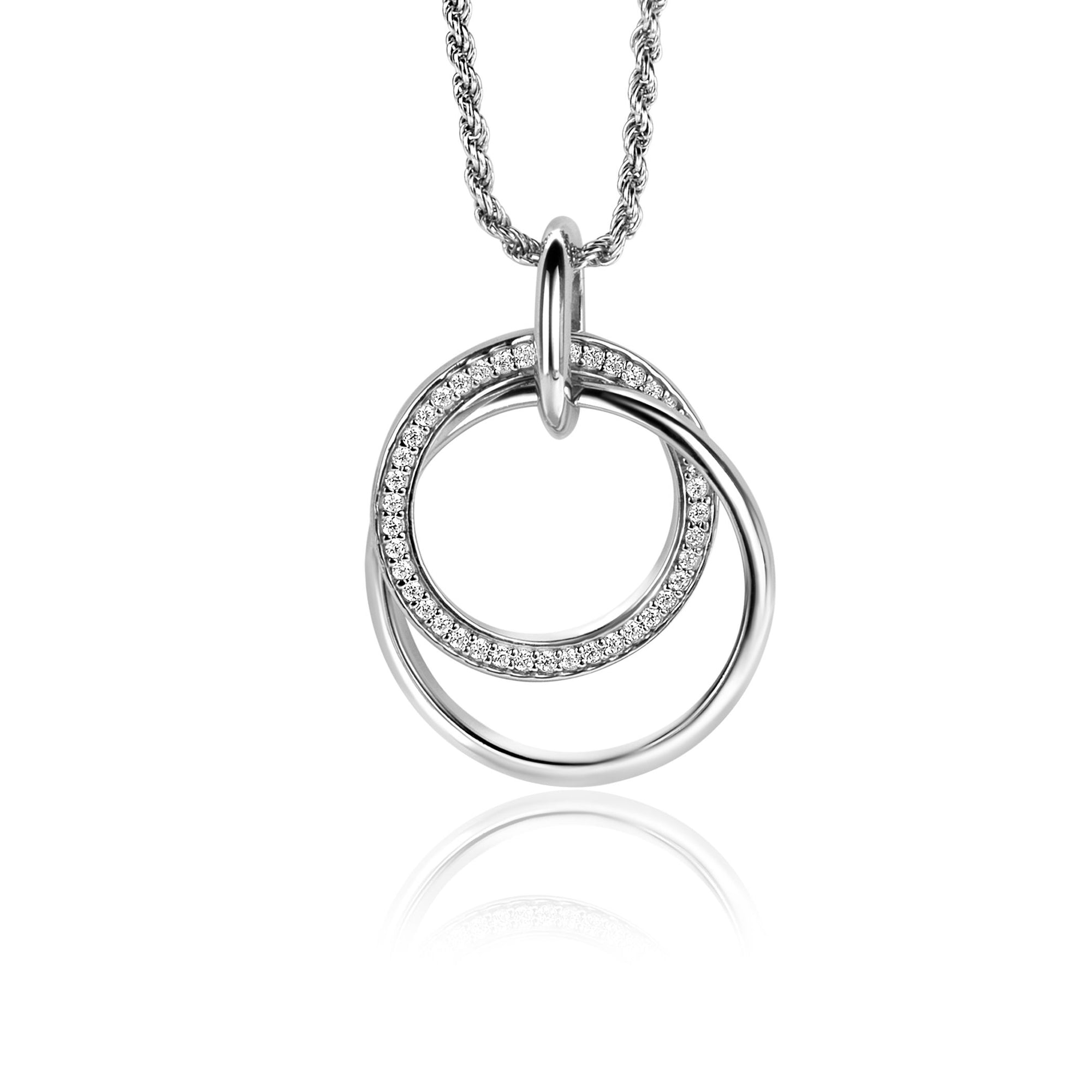 Zinzi zilveren hanger, waarbij twee grote ronde ringen met elkaar verweven zijn. Bezet met witte zirkonia's ZIH2431 (zonder collier) - PansiteNederland.nl