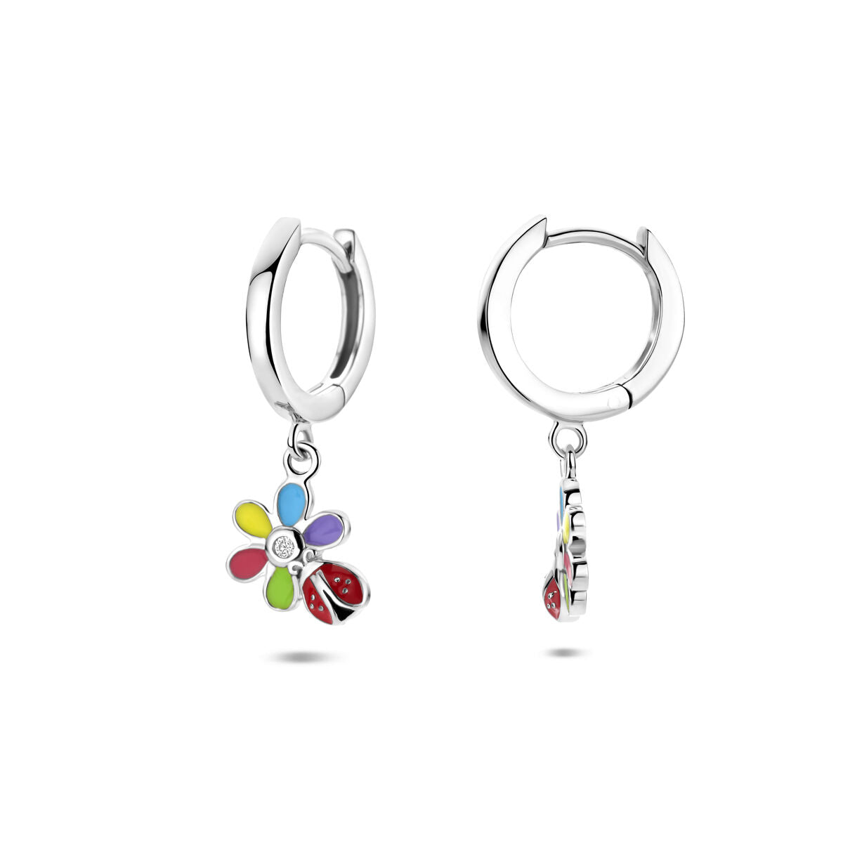 Zilveren gerhodineerde oorringen zirkonia bloem en lieveheersbeestje 22 mm - 1341433