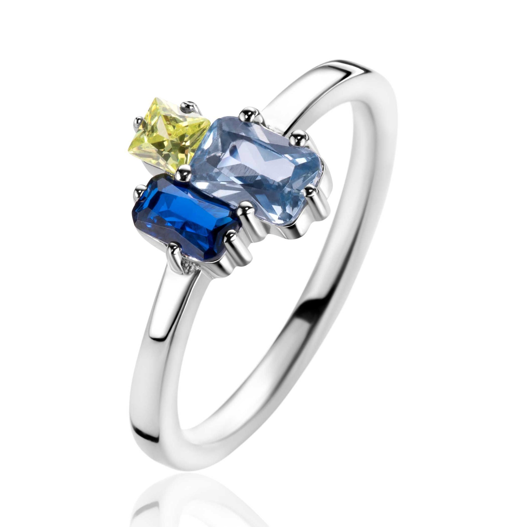 ZINZI zilveren ring met rechthoekige zettingen, bezet met licht groene, licht blauwe en saffier blauwe kleurstenen ZIR2496 - PansiteNederland.nl