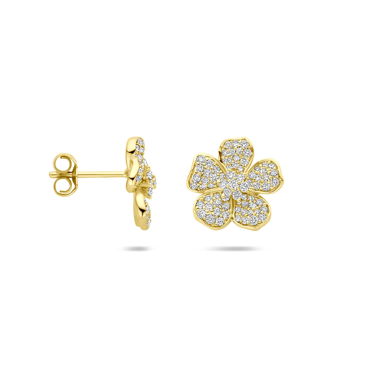 14K geelgouden oorknoppen bloem diamant 0.70ct 2x 0.35ct h si 12 mm - 4033526