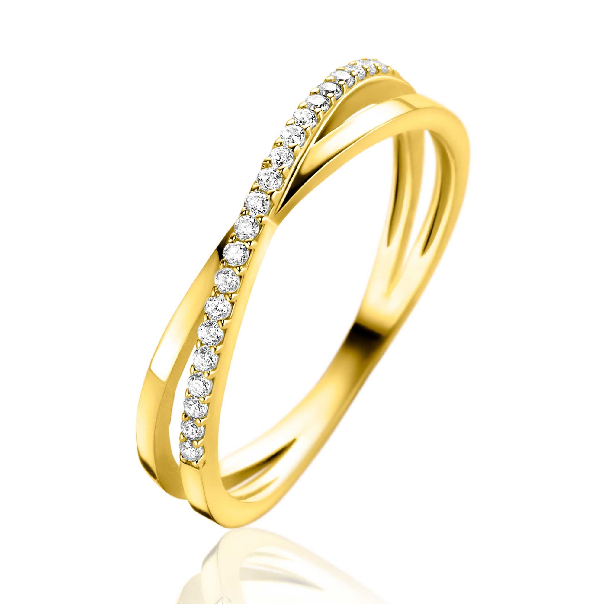 ZINZI Gold 14 krt gouden ring met cross-over design: glad en bezet met witte zirkonia's ZGR469 - PansiteNederland.nl