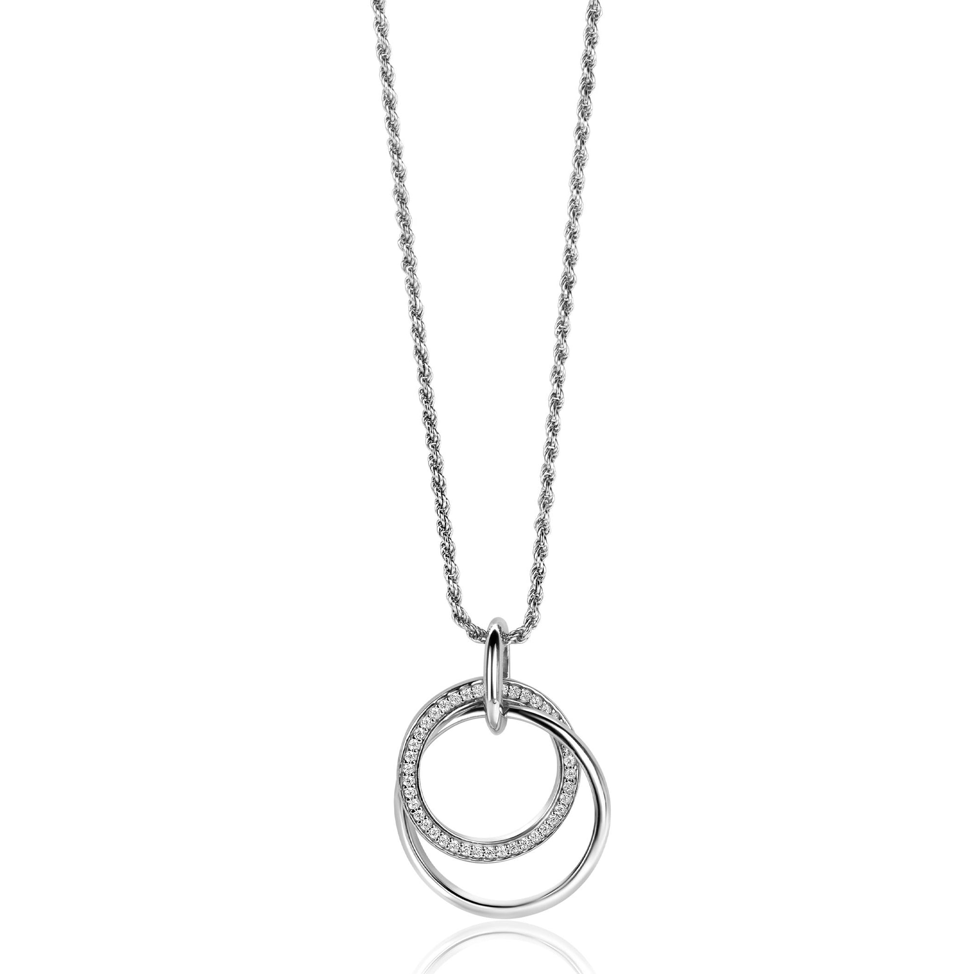 Zinzi zilveren hanger, waarbij twee grote ronde ringen met elkaar verweven zijn. Bezet met witte zirkonia's ZIH2431 (zonder collier) - PansiteNederland.nl