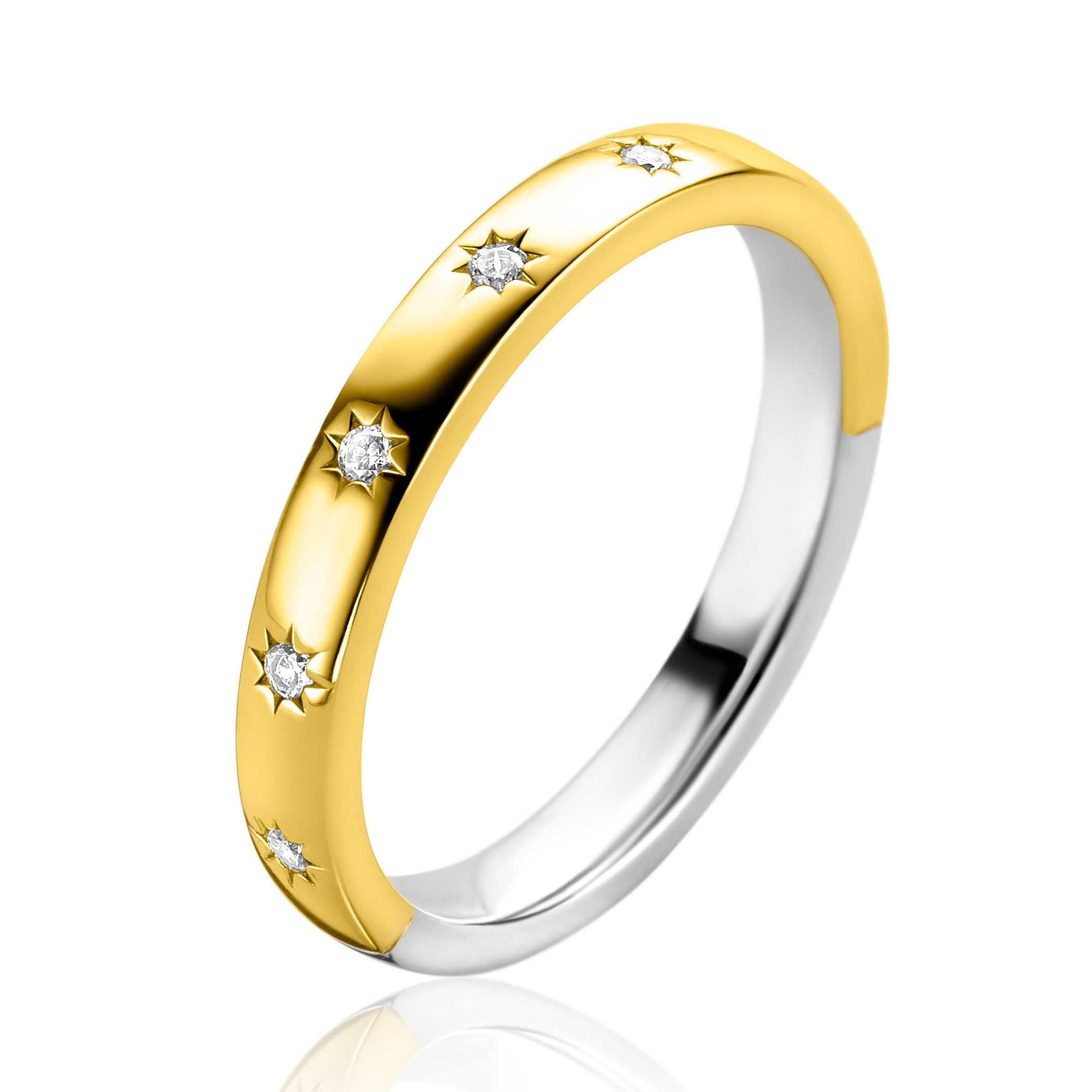 ZINZI gold plated zilveren aanschuifring met zeven ster-zettingen, bezet met witte zirkonia's 3mm breed ZIR2491Y - PansiteNederland.nl