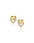 Zinzi Gold 14 krt gouden oorstekers verbonden open hartjes, glad en bezet met witte zirkonia's ZGO472