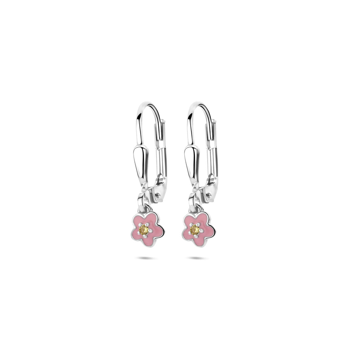 Zilveren gerhodineerde oorhangers emaille bloem brisur haak zirkonia 19 mm - 1341316