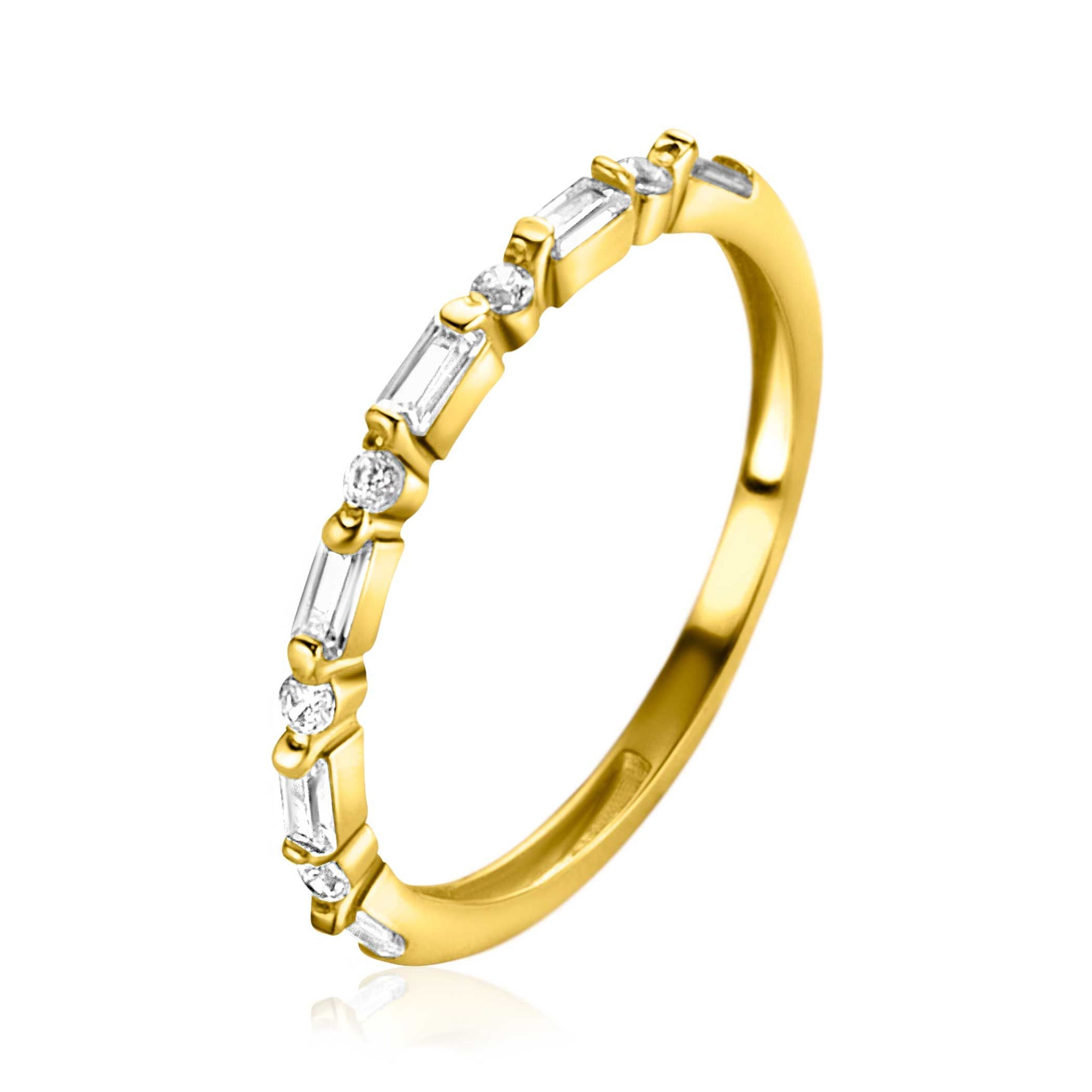 ZINZI Gold 14 karaat gouden ring 1,7mm breed, afwisselend bezet met baquette geslepen zirkonia's en ronde witte zirkonia's ZGR403 - PansiteNederland.nl