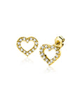 Zinzi Gold 14 krt gouden oorknoppen open hartje bezet met witte zirkonia's ZGO450
