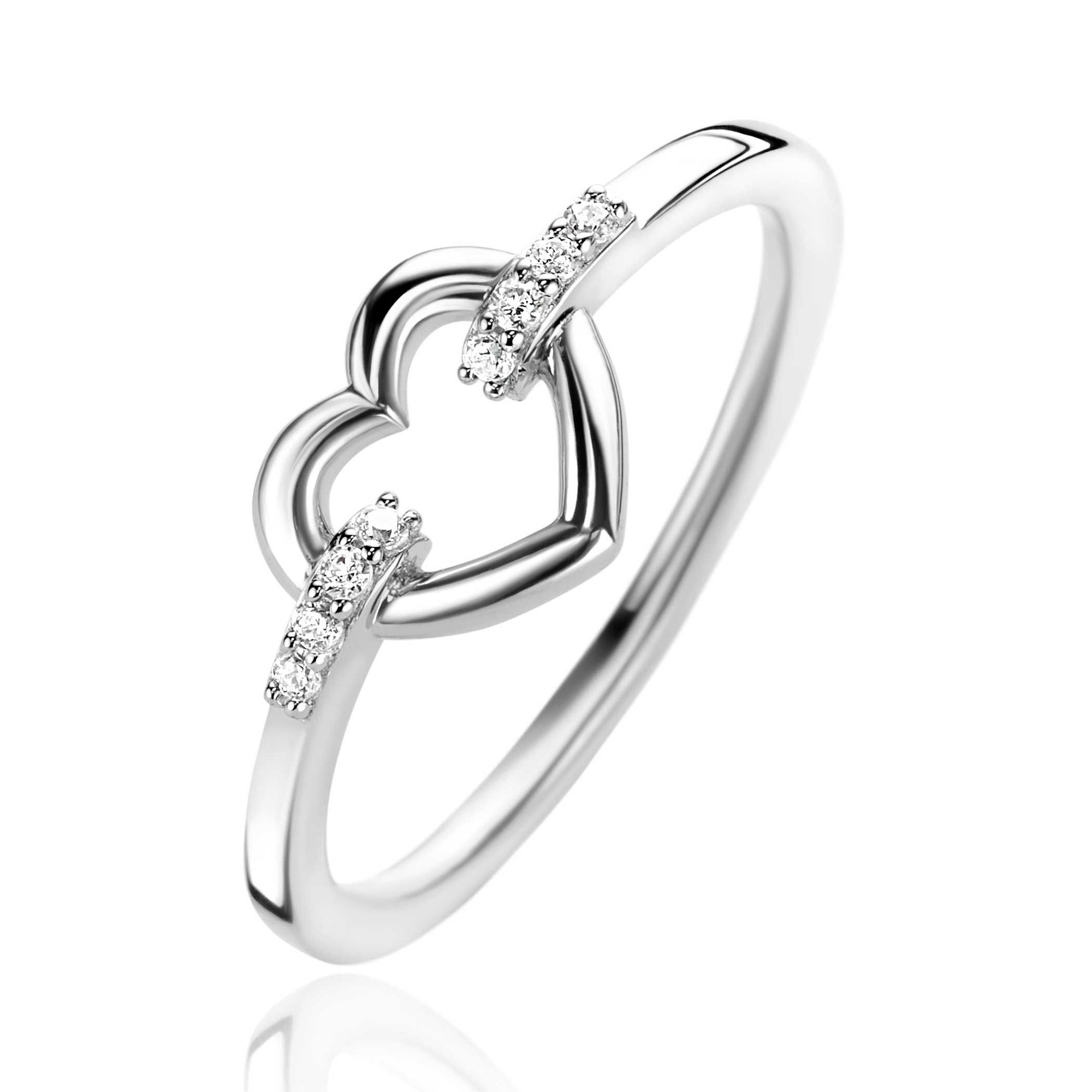 ZINZI zilveren ring open hart, bezet met witte zirkonia's in band ZIR1755 - PansiteNederland.nl