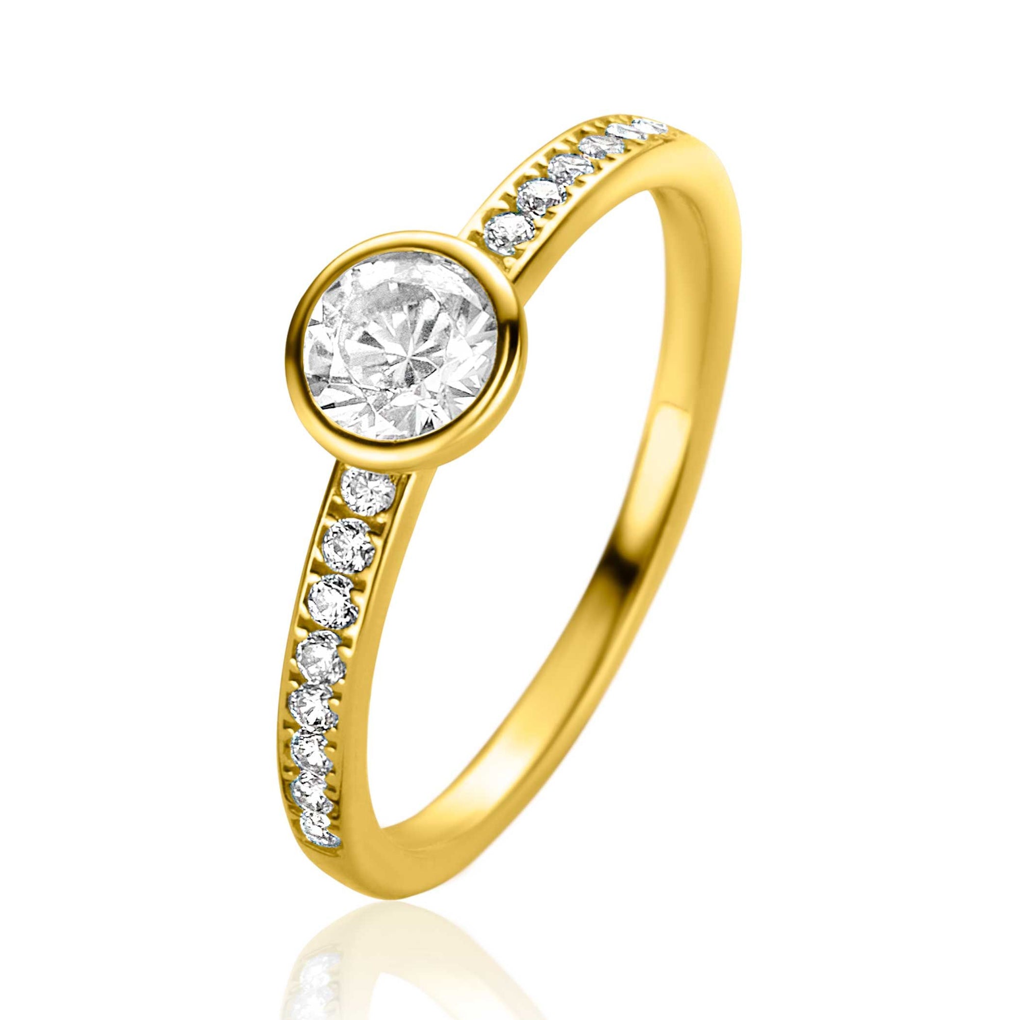 ZINZI Gold 14 krt gouden ring met witte zirkonia's in de scheen en opvallende ronde zetting in het midden ZGR463 - PansiteNederland.nl