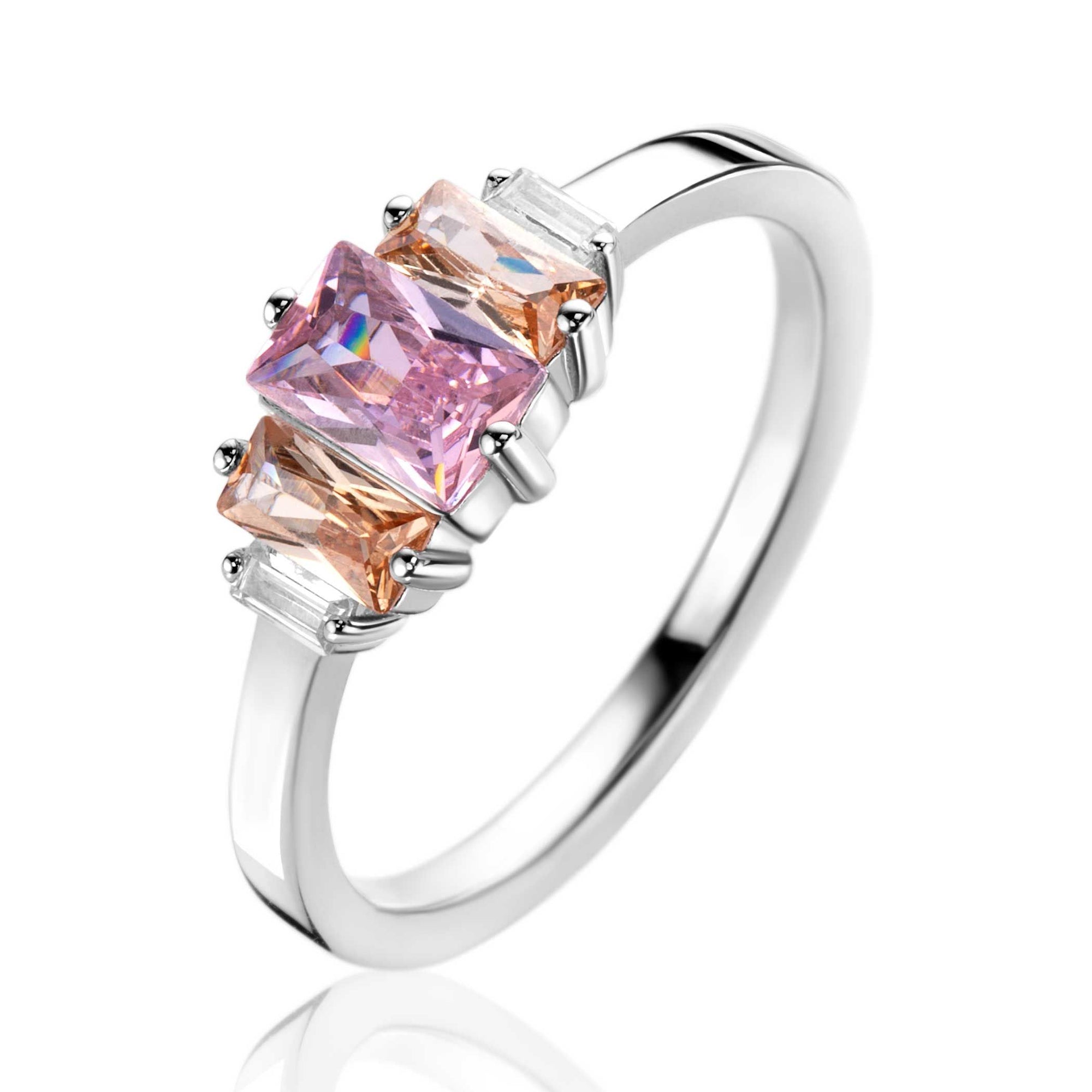 ZINZI zilveren ring, bezet met baguette geslepen zirkonia's in de kleuren wit, champagne en roze ZIR2490 - PansiteNederland.nl
