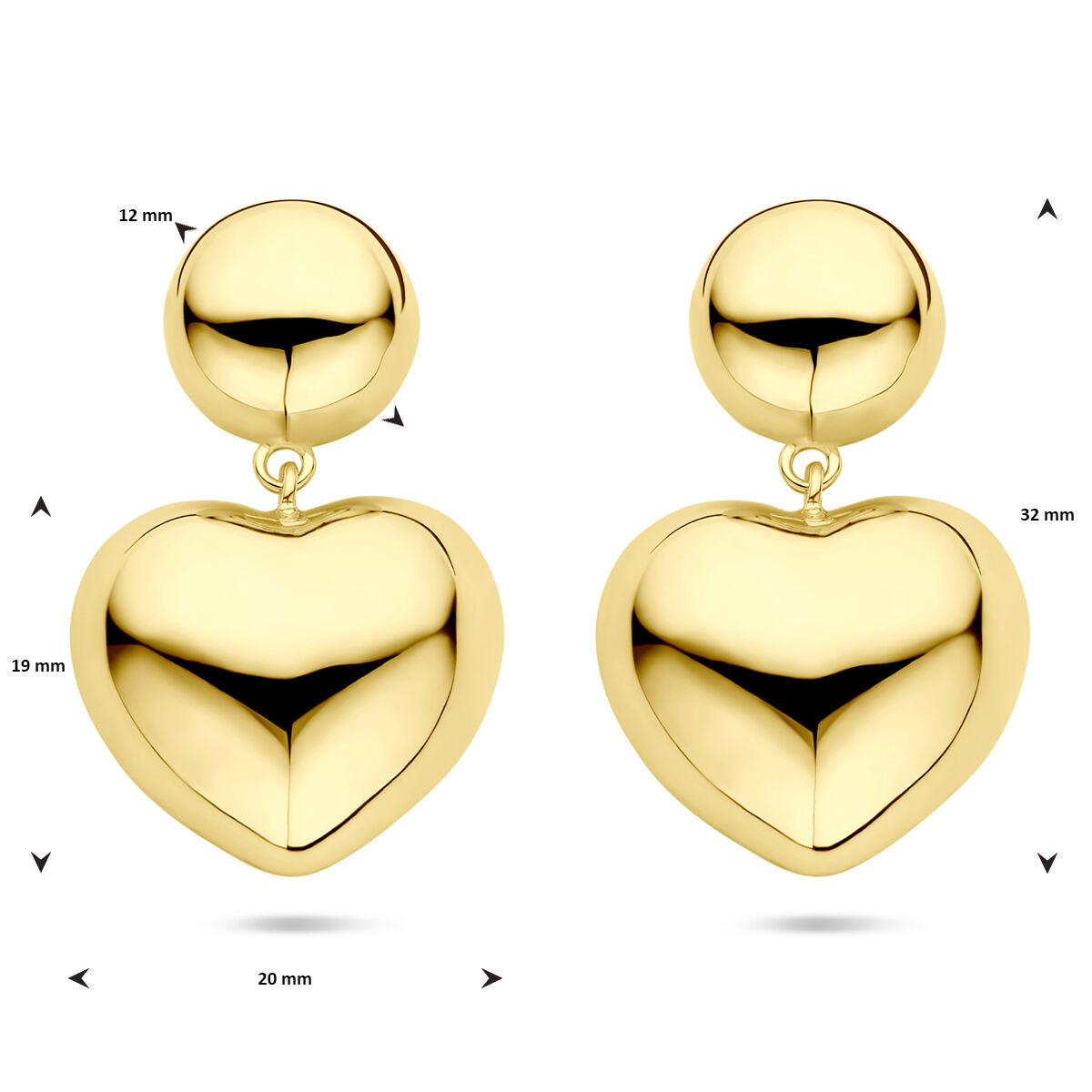 Zilveren vergulde geel oorhangers hartjes 32 mm 1 micron - 2104000