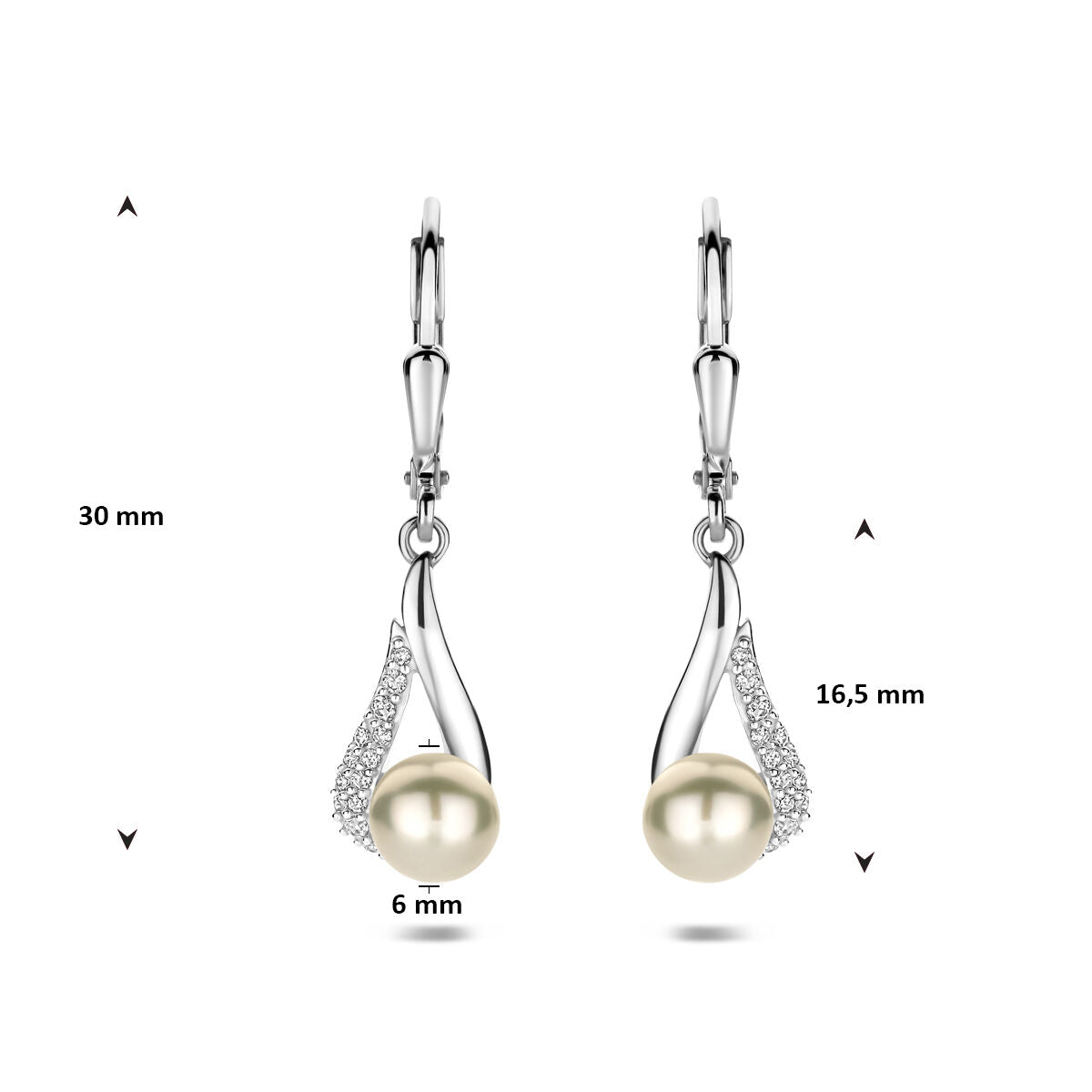 Zilveren gerhodineerde oorhangers parel zirkonia brisur haak 30 mm - 1341849