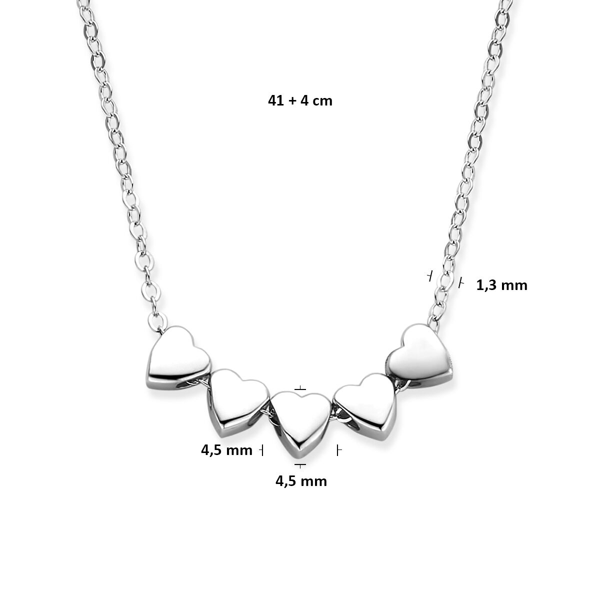 Fantasy Collection Collier 5 hartjes 41 + 4 cm zilver