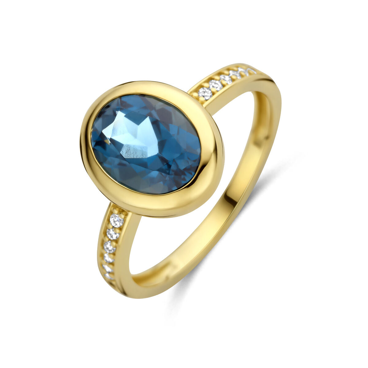 Fantasy Collection Ring london blue topaas diamant 0.07ct h si 14K geelgoud