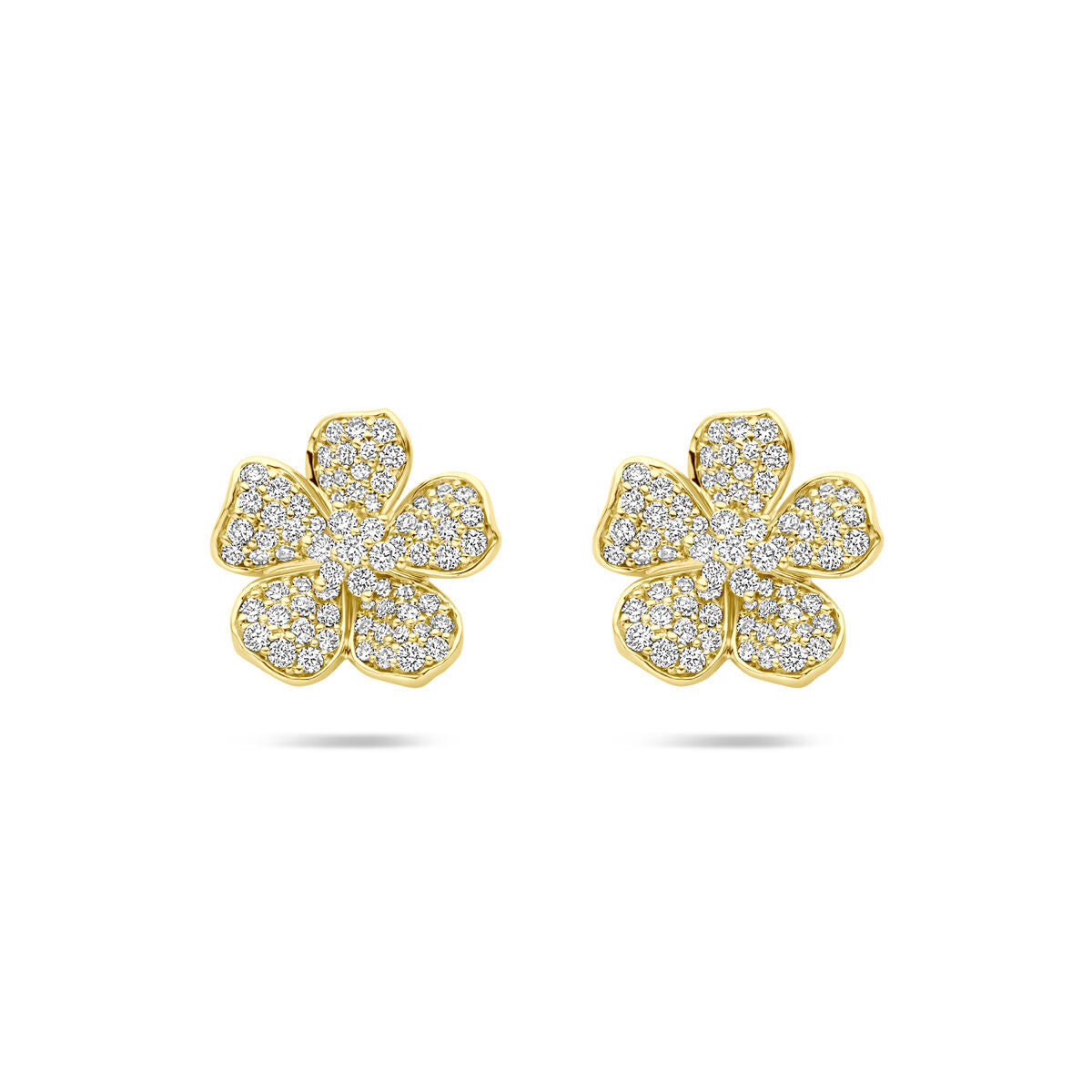 14K geelgouden oorknoppen bloem diamant 0.70ct 2x 0.35ct h si 12 mm - 4033526