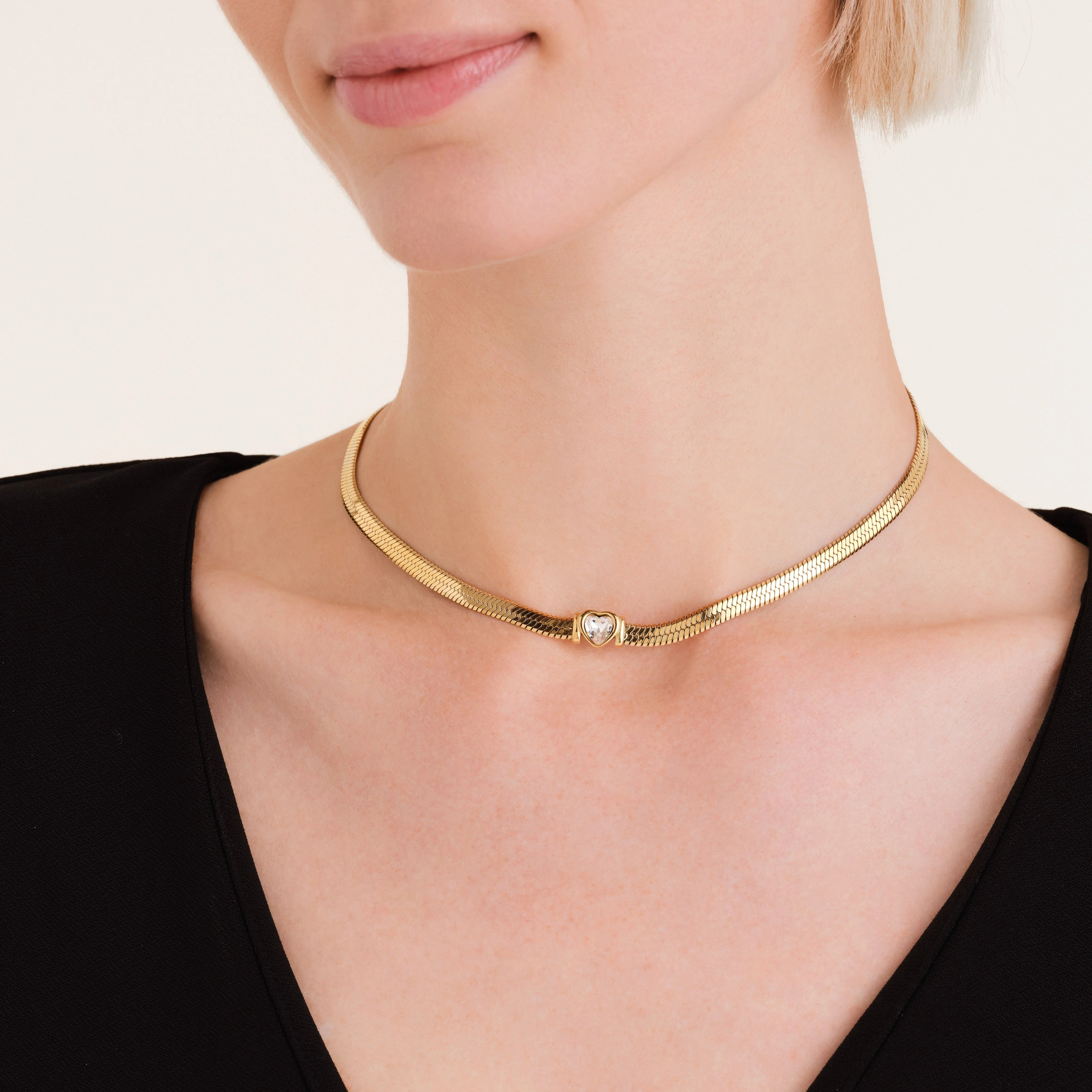 Rosefield Ketting Snake Heart Choker White Crystal JNSWG-J1002 Goudkleurig