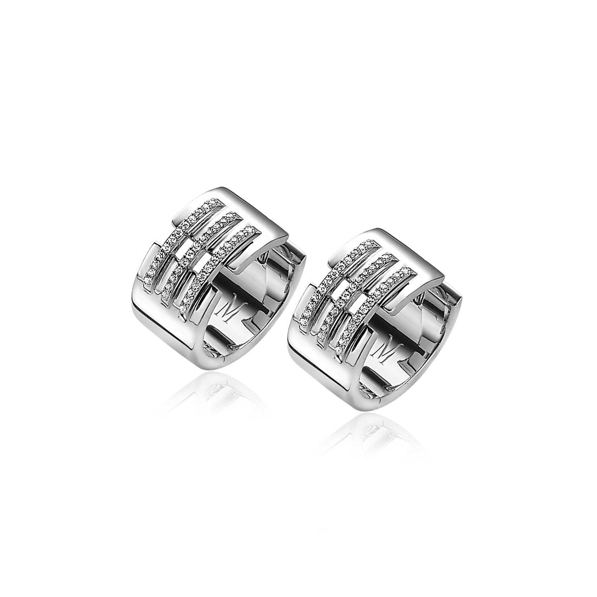Mart Visser by ZINZI zilveren oorbellen met luxe scharniersluiting 17 x 9mm, drie banen bezet met witte zirconia's MVO18