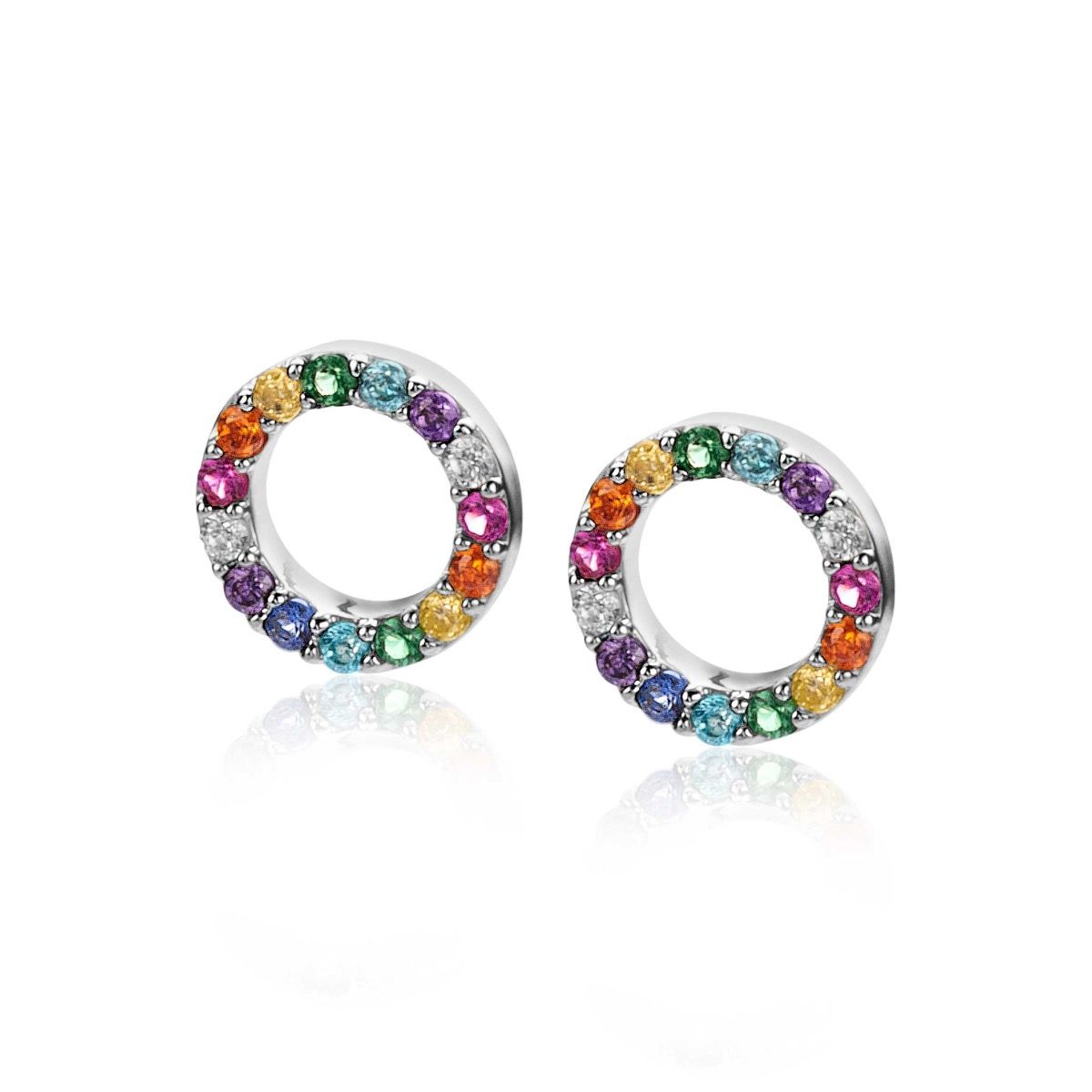 ZINZI zilveren oorbedels rond 8mm bezet regenboog kleuren ZICH2170Z (zonder oorringen) - PansiteNederland.nl