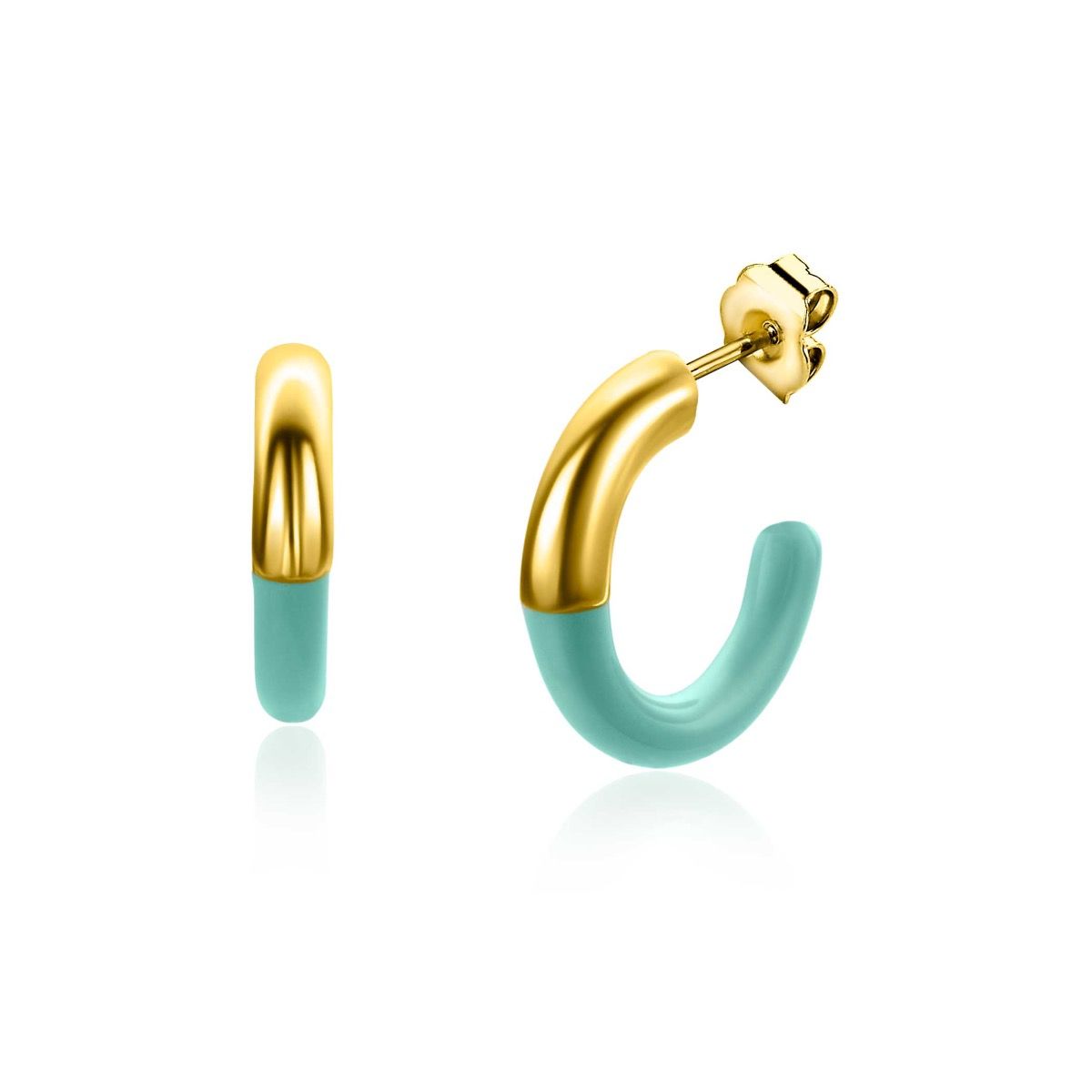 Zinzi gold plated zilveren trendy oorsieraden 16mm half emaille turquoise ZIO2315T - PansiteNederland.nl