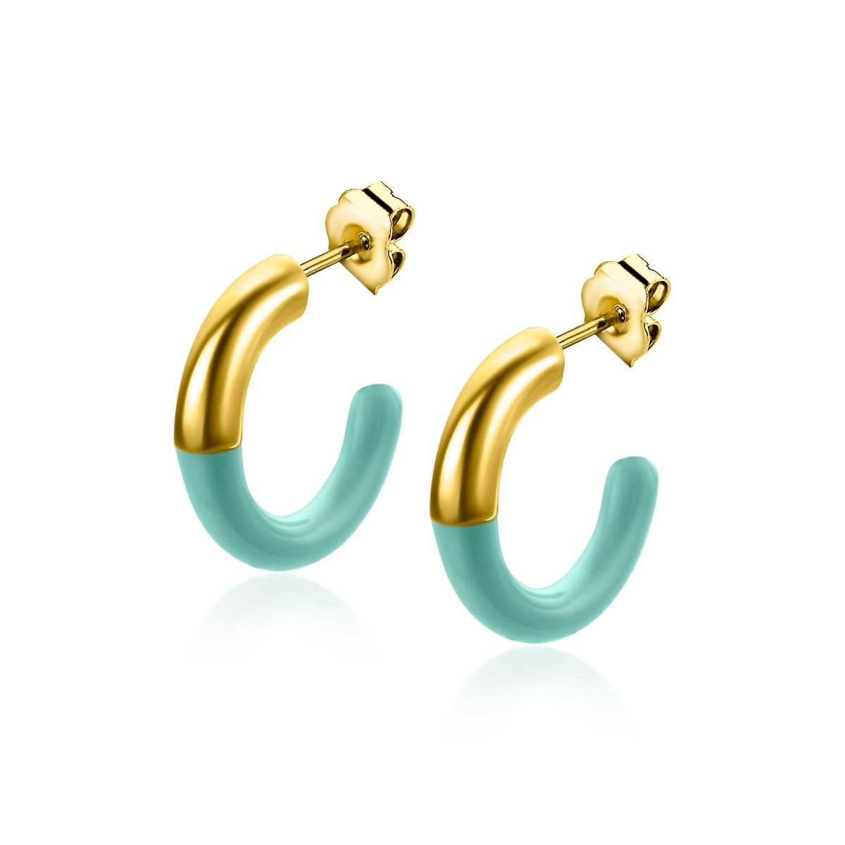 Zinzi gold plated zilveren trendy oorsieraden 16mm half emaille turquoise ZIO2315T - PansiteNederland.nl