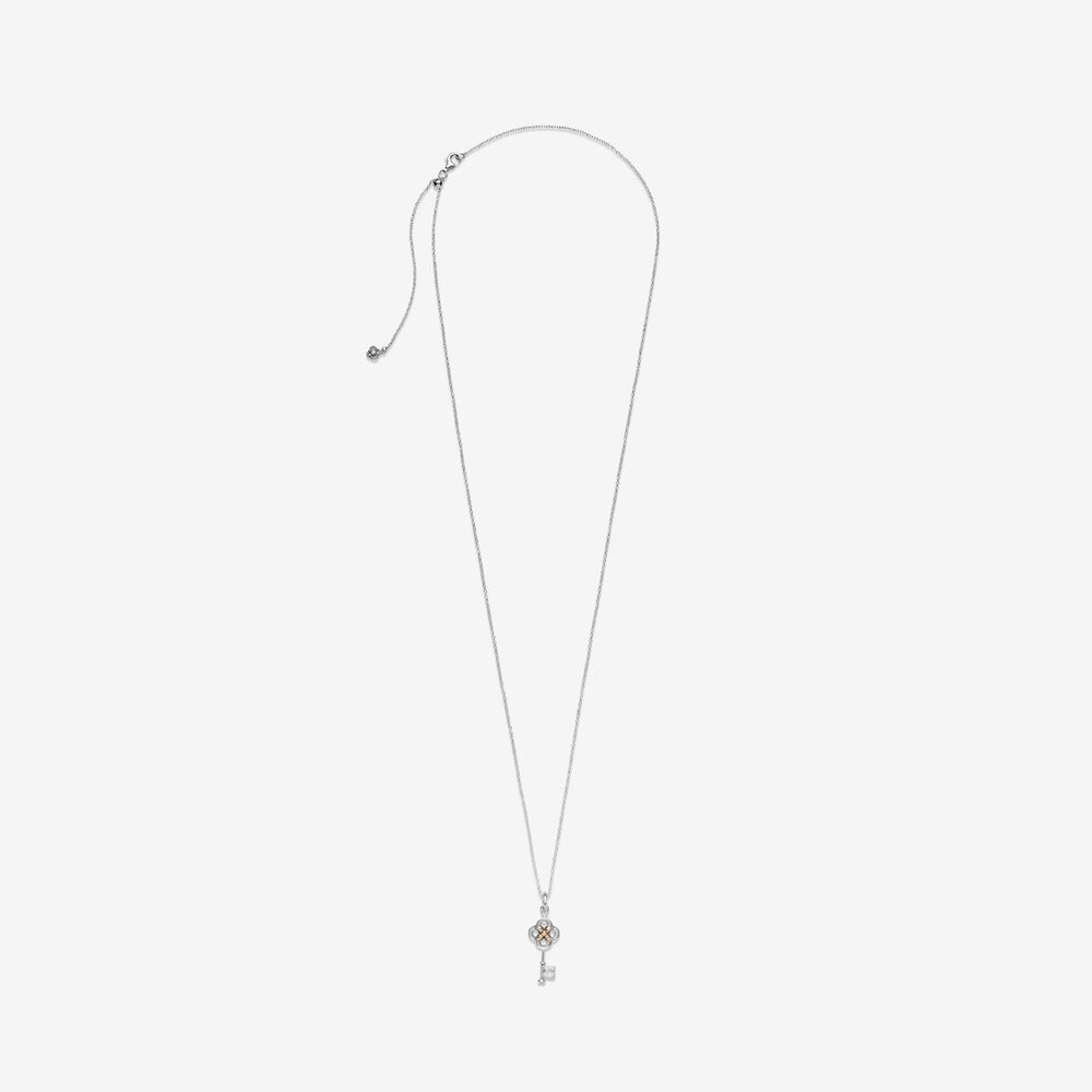 Pandora Two-tone Key &amp; Flower ketting 399339C01, exclusief en kwalitatief hoogwaardig. Ontdek nu!