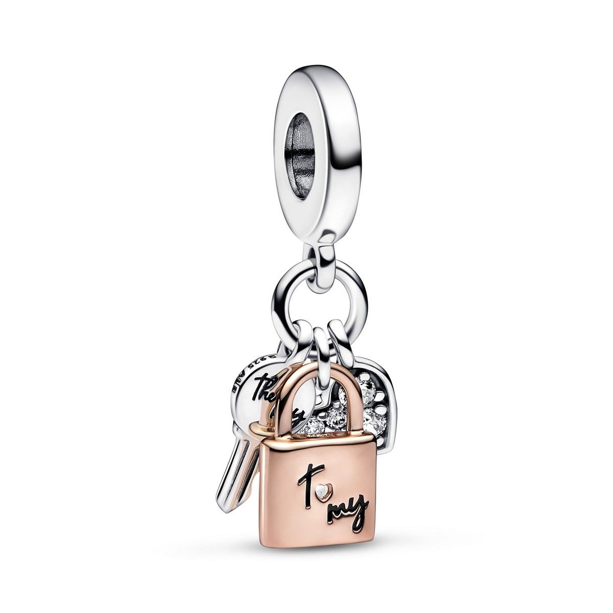 Pandora Two-tone Key, Padlock &amp; Heart Triple Dangle Charm 782506C01, exclusief en kwalitatief hoogwaardig. Ontdek nu!