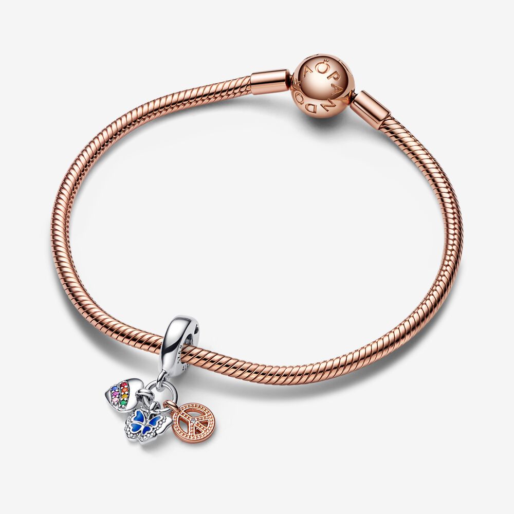 Pandora Tweekleurige regenboog hart, vlinder en vredesteken driedubbele hangende bedel 782572C01, exclusief en kwalitatief hoogwaardig. Ontdek nu!