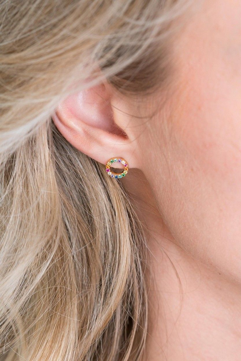 Zinzi zilveren oorknoppen 14K geel verguld 8mm bezet regenboog ZIO2170, exclusief en kwalitatief hoogwaardig. Ontdek nu!