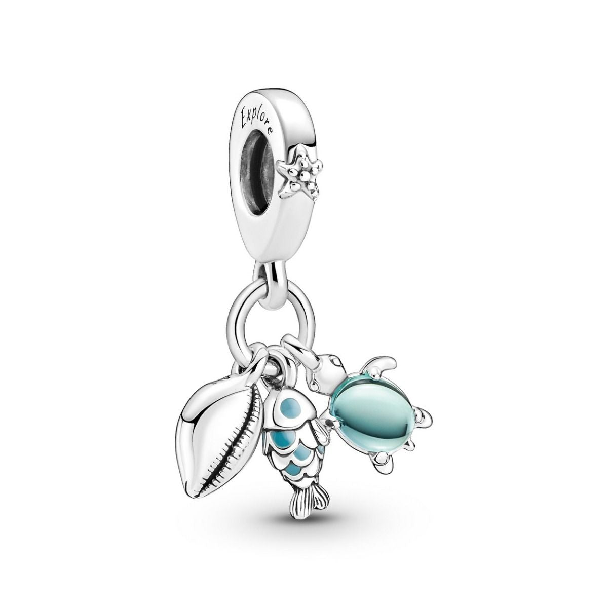 Pandora Fish, Sea Turtle & Conch Triple Dangle Charm 791697C01, exclusief en kwalitatief hoogwaardig. Ontdek nu!