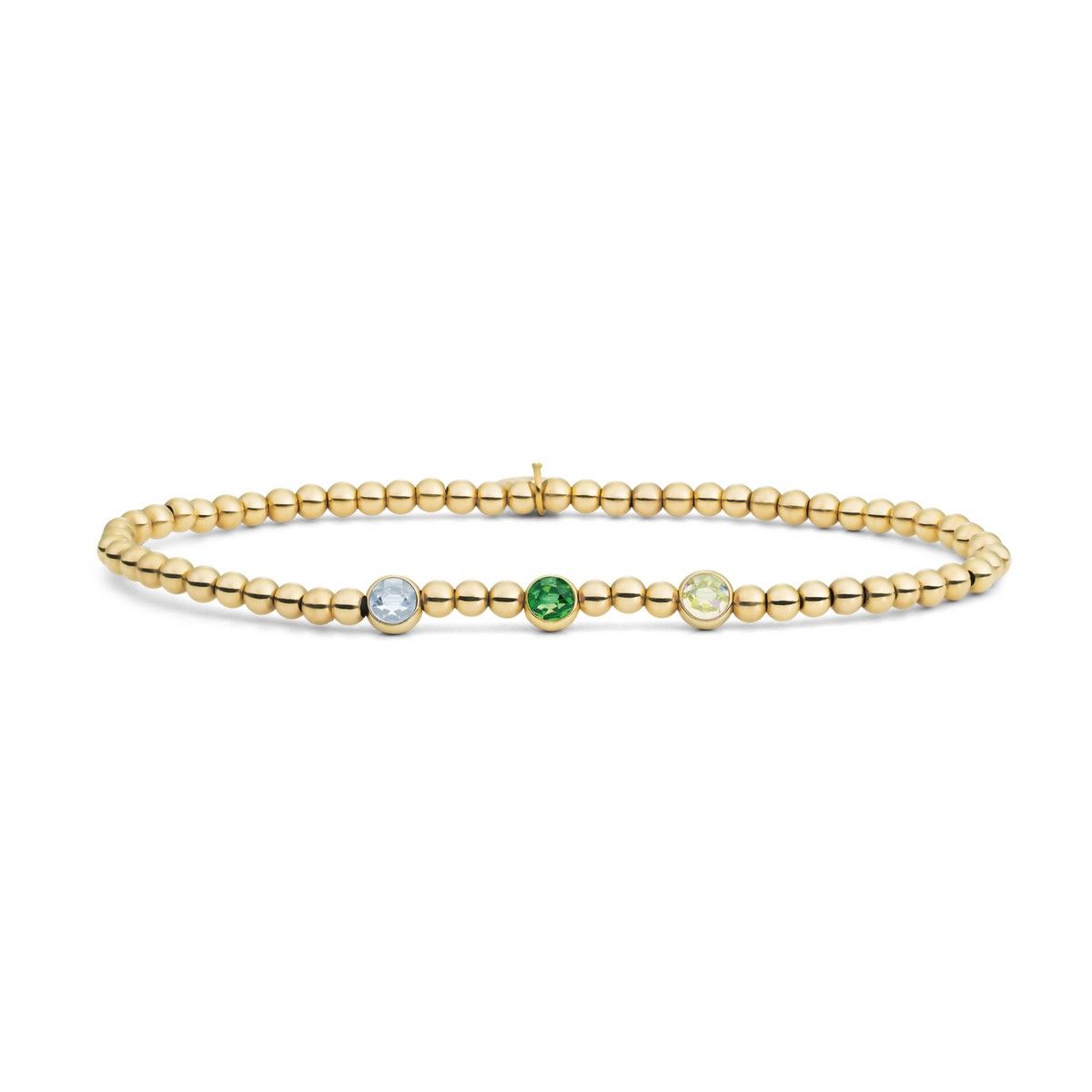 Sparkling Jewels - Armband: Gold - 3 Colored Beads Green CZ SB-G-3MM-CB03, exclusief en kwalitatief hoogwaardig. Ontdek nu!